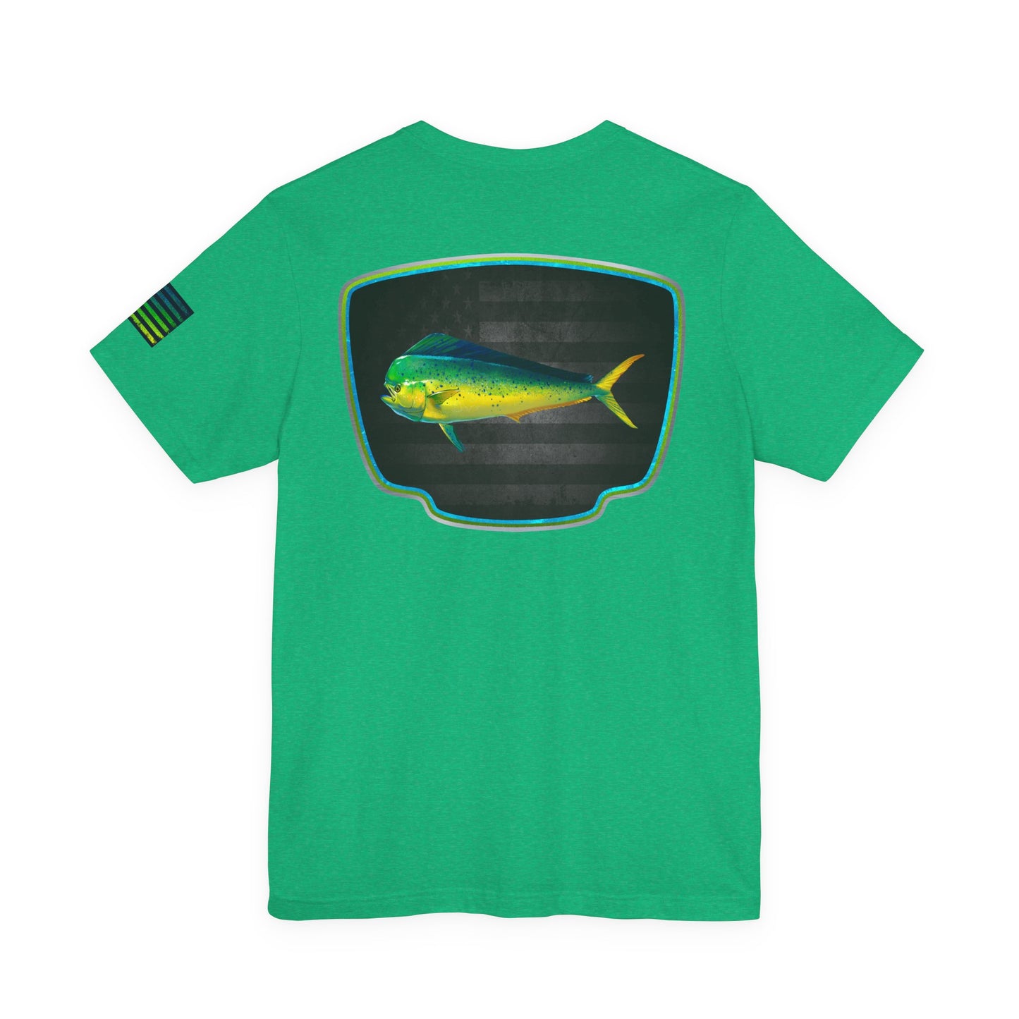 Mahi Mahi Badge Tee with Blackout Flag – Patriotic Saltwater Fishing Shirt