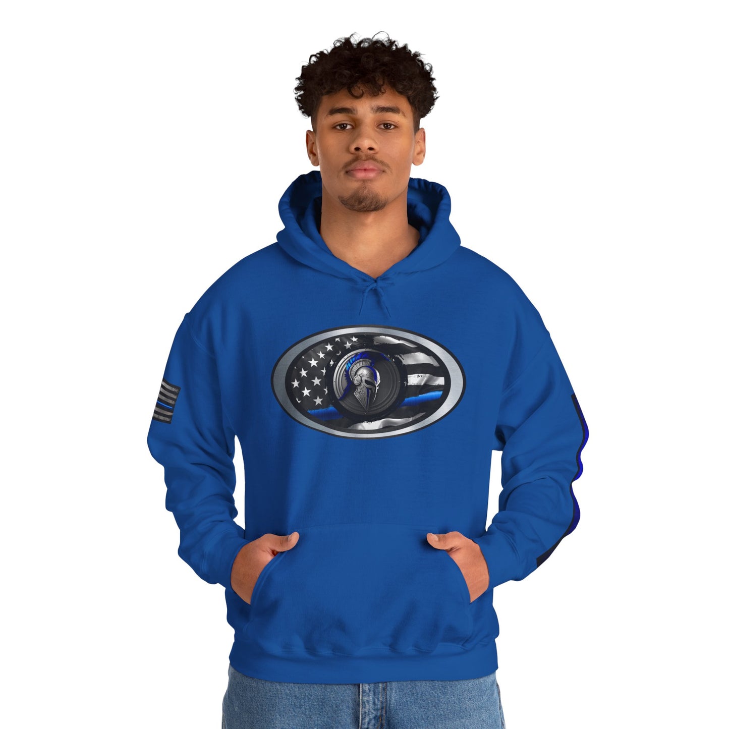 Spartan Thin Blue Line Flag Hoodie – Warrior Helmet Patriotic Sweatshirt for Police Supporters