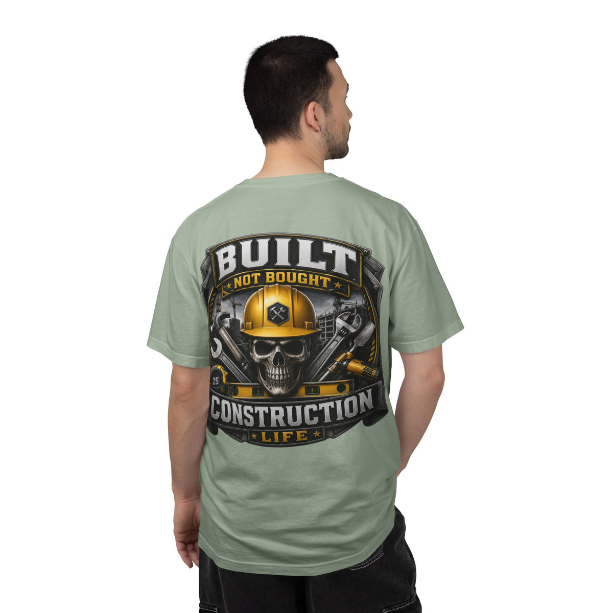 Construction Life T-Shirt — "Built Not Bought" Skull & Hard Hat Crew Tee