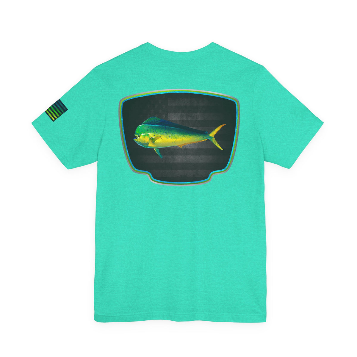 Mahi Mahi Badge Tee with Blackout Flag – Patriotic Saltwater Fishing Shirt
