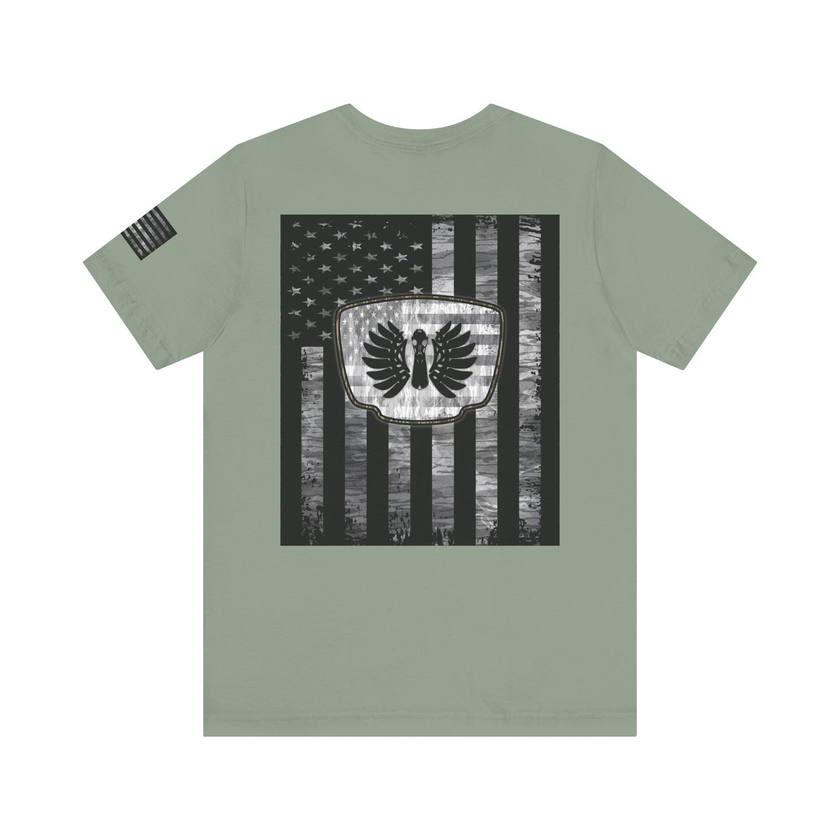Duck Hunting American Flag Badge T-Shirt – Mossy Camo Print, Crossed Guns & Duck Skull Graphic