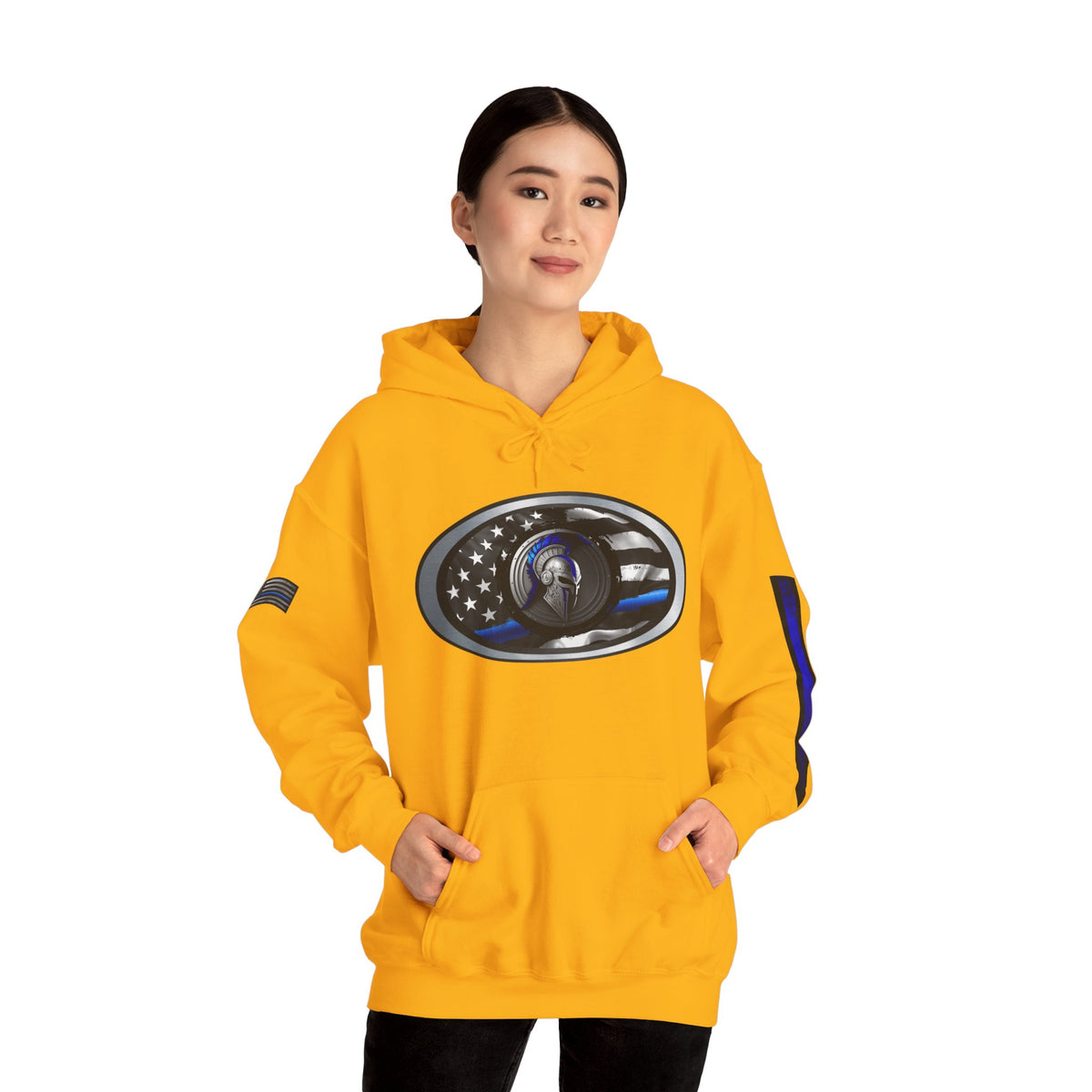 Spartan Thin Blue Line Flag Hoodie – Warrior Helmet Patriotic Sweatshirt for Police Supporters