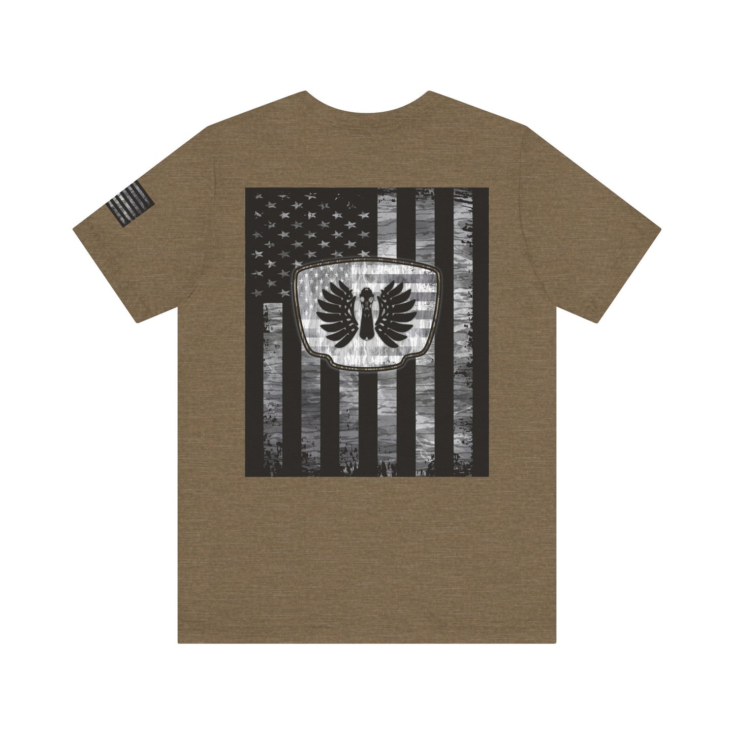 Duck Hunting American Flag Badge T-Shirt – Mossy Camo Print, Crossed Guns & Duck Skull Graphic