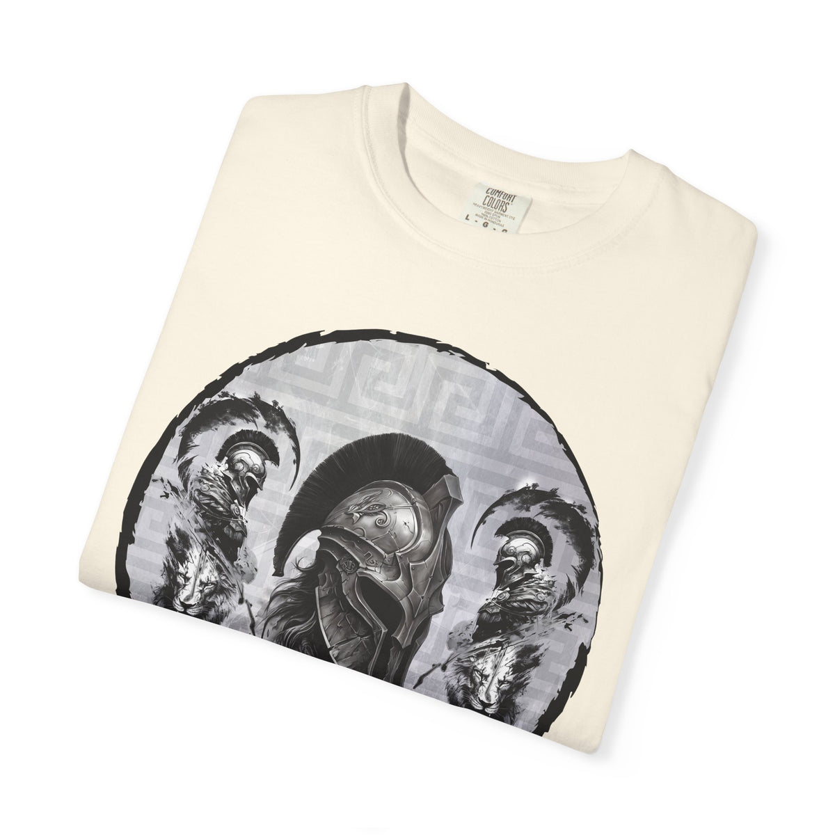 Spartan Warrior T-Shirt – Greek Helmet Circle Design Front & Spear Back | Warrior Graphic Tee