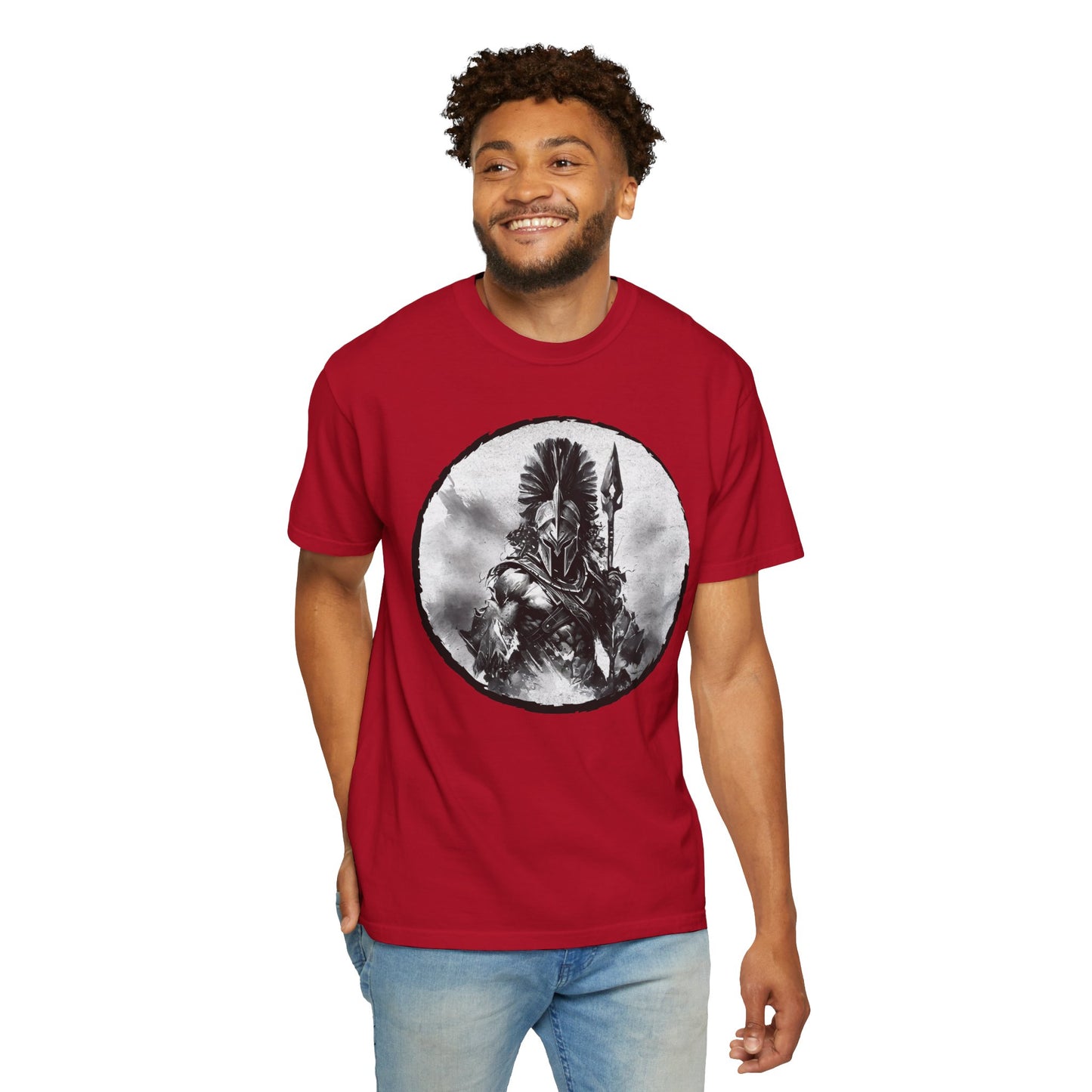 Spartan Warrior T-Shirt – Greek Helmet Circle Design Front & Spear Back | Warrior Graphic Tee