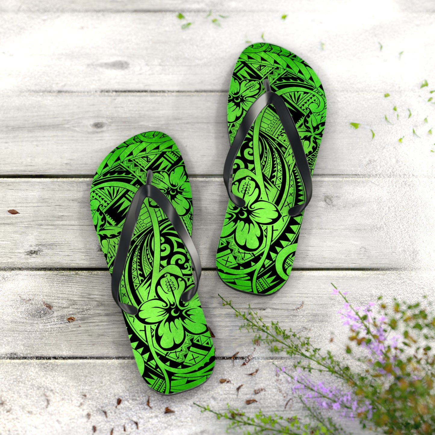Polynesian Green Flip Flops - Summer Beach Sandals, Vacation Footwear, Poolside Essentials, Outdoor Fun, Tropical Style