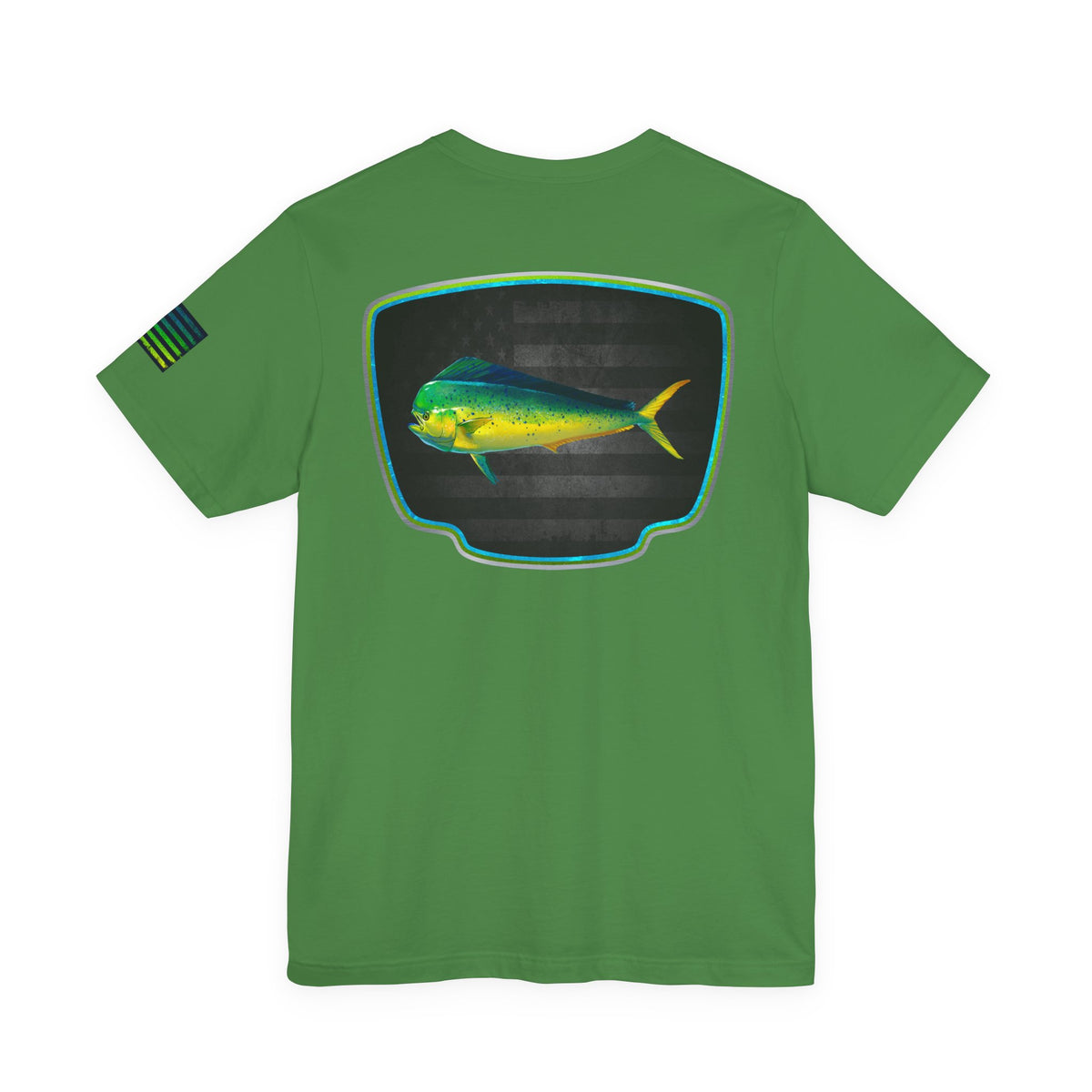 Mahi Mahi Badge Tee with Blackout Flag – Patriotic Saltwater Fishing Shirt