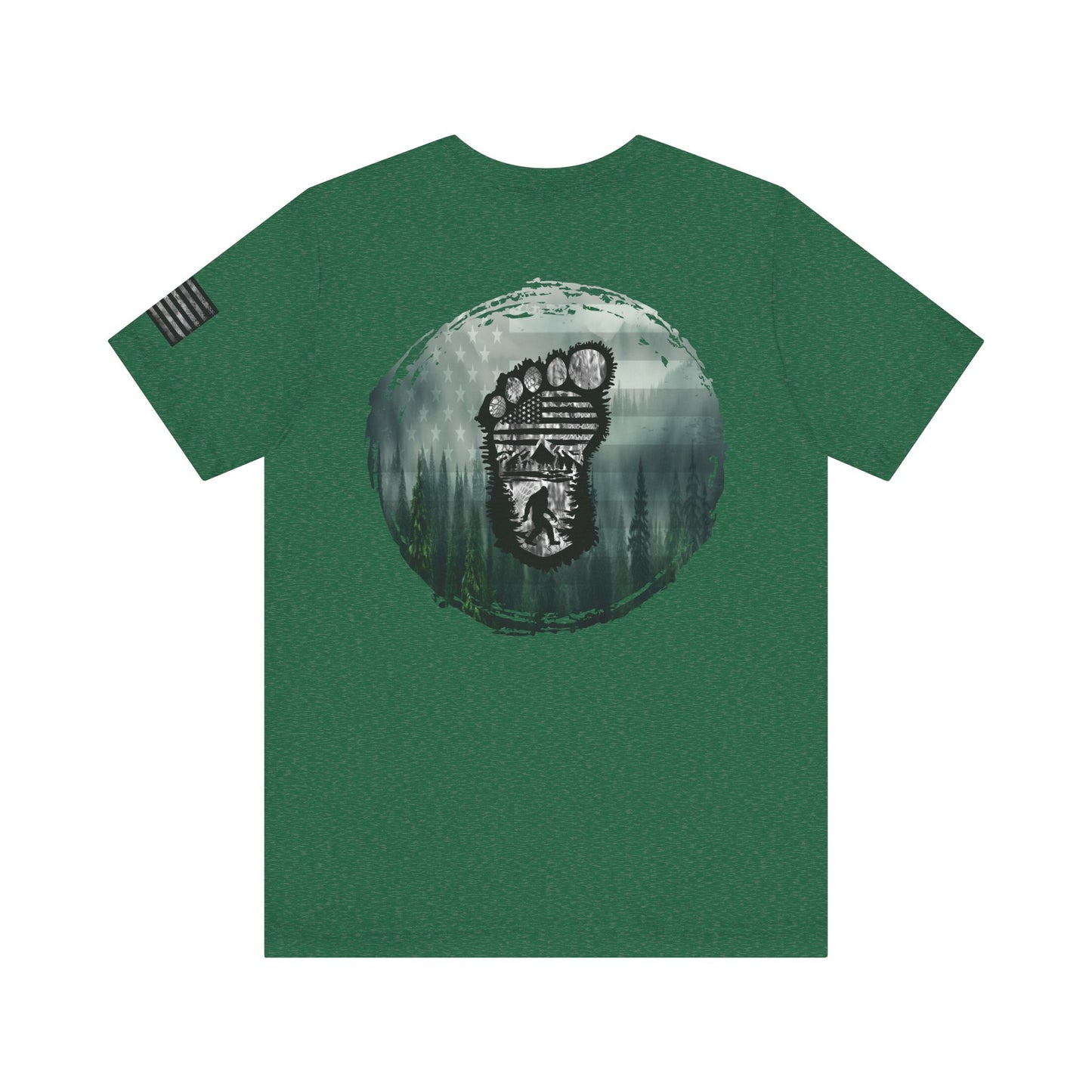 Bigfoot American Flag Camo Tee, Sasquatch Patriotic Shirt, Unisex Graphic Tee, Outdoor Adventure Top, Men's Women's Tee