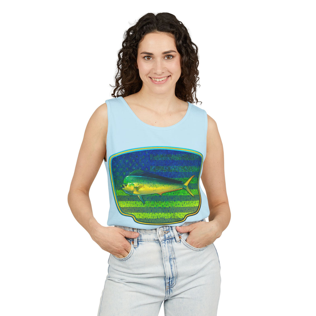 American Mahi Mahi Graphic Tank Top, Summer Apparel, Outdoors Shirt, Fishing Gear, Beachwear, Gifts for Anglers