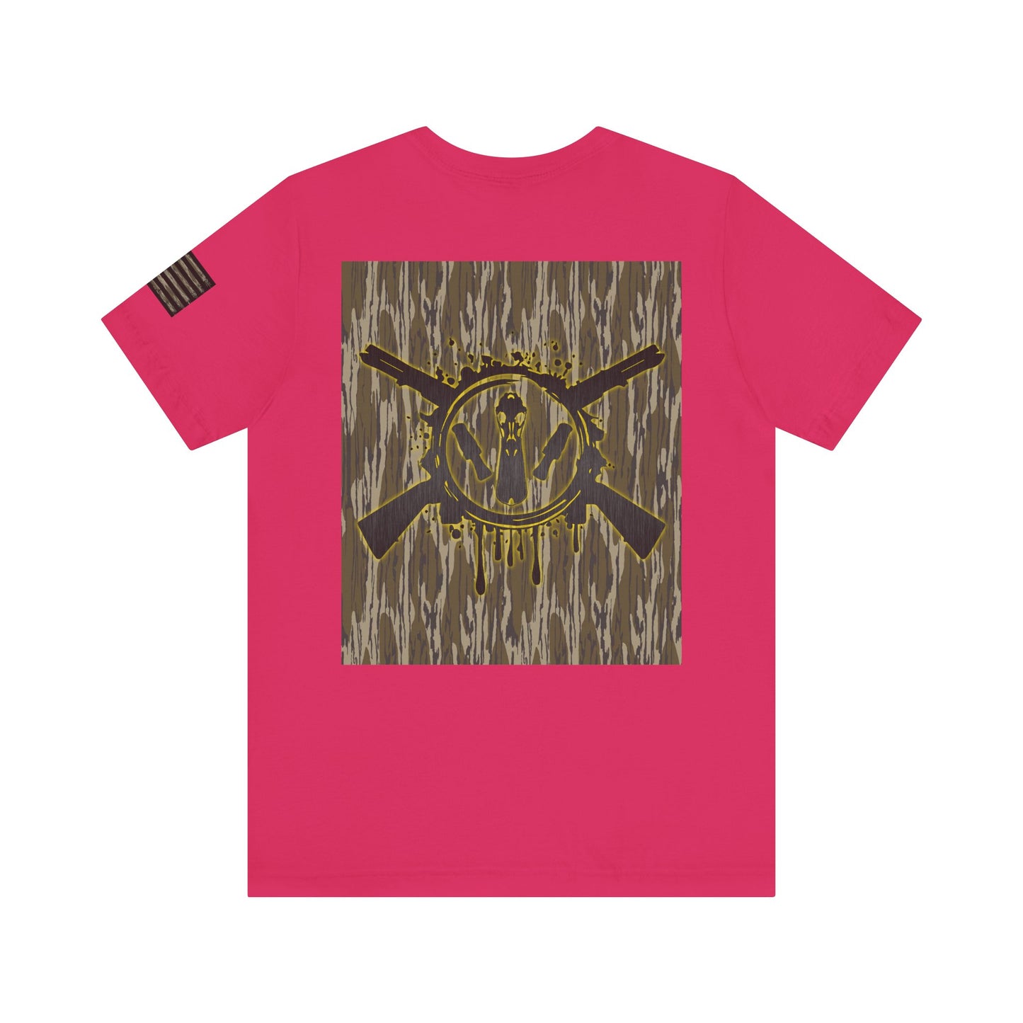 Duck Hunting Badge T-Shirt – Mossy Camo Print, Crossed Guns & Duck Skull Graphic