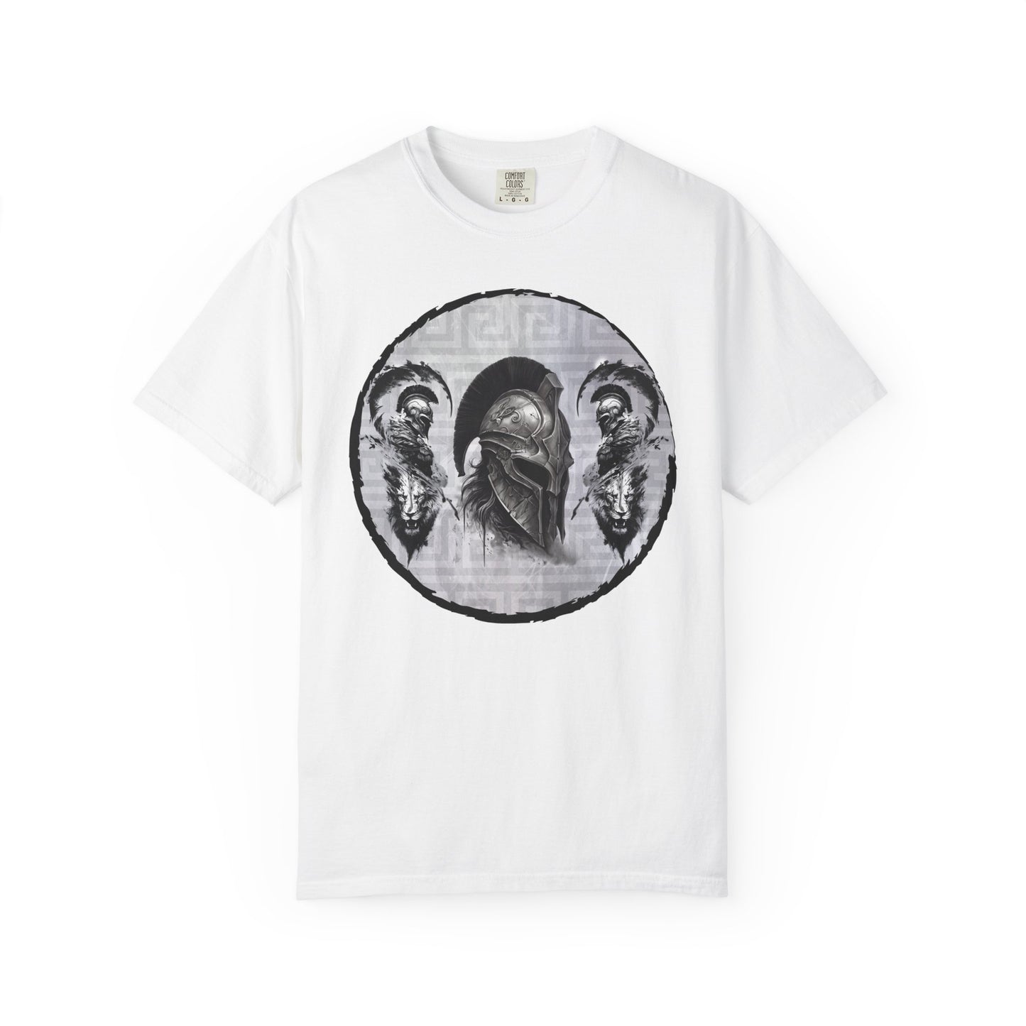 Spartan Warrior T-Shirt – Greek Helmet Circle Design Front & Spear Back | Warrior Graphic Tee