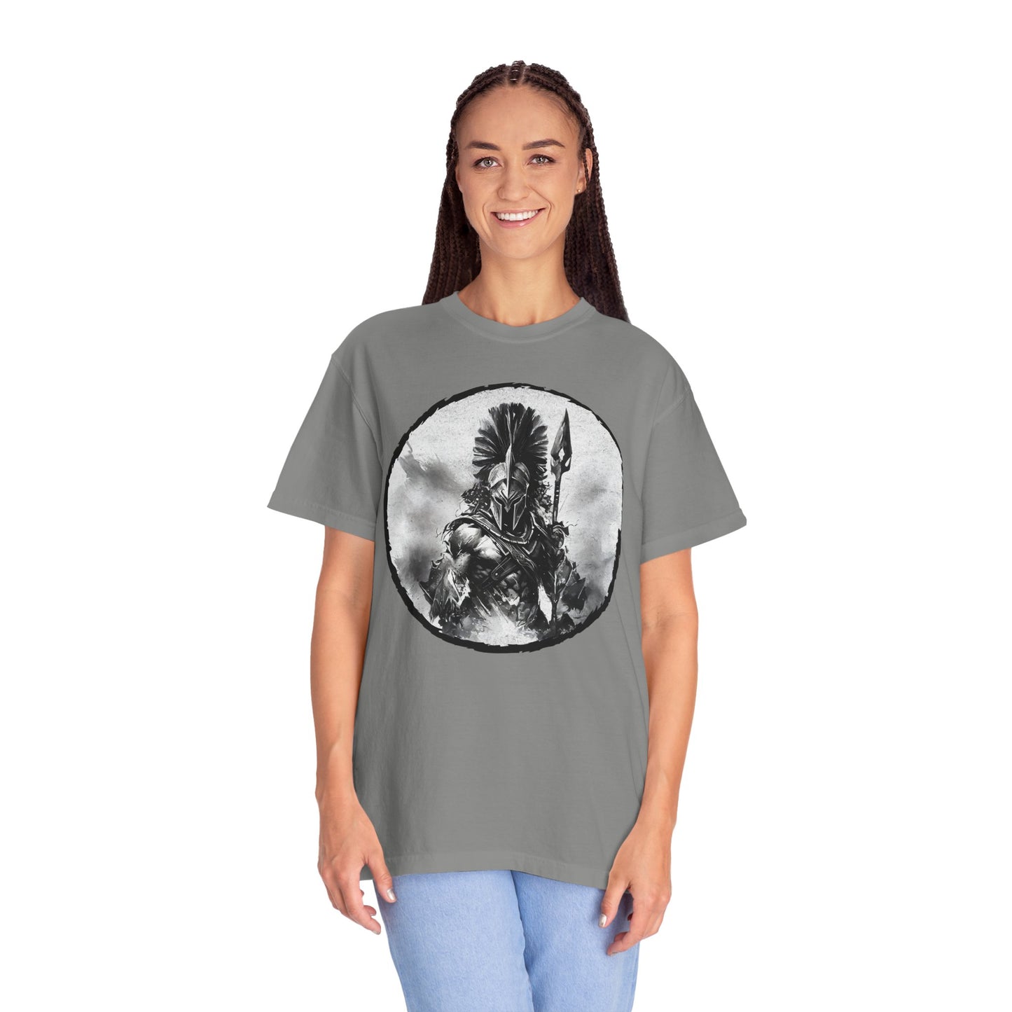 Spartan Warrior T-Shirt – Greek Helmet Circle Design Front & Spear Back | Warrior Graphic Tee