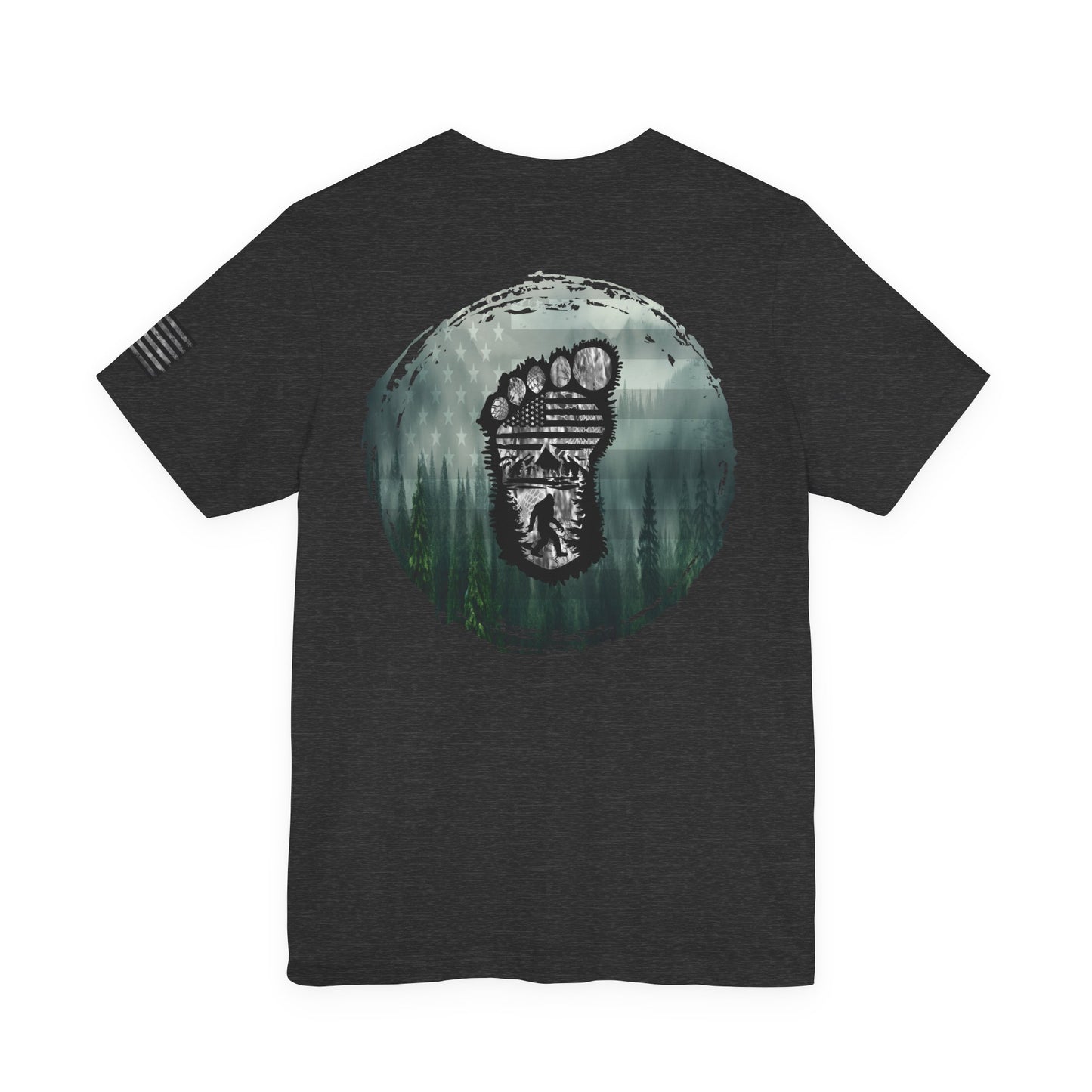 Bigfoot American Flag Camo Tee, Sasquatch Patriotic Shirt, Unisex Graphic Tee, Outdoor Adventure Top, Men's Women's Tee