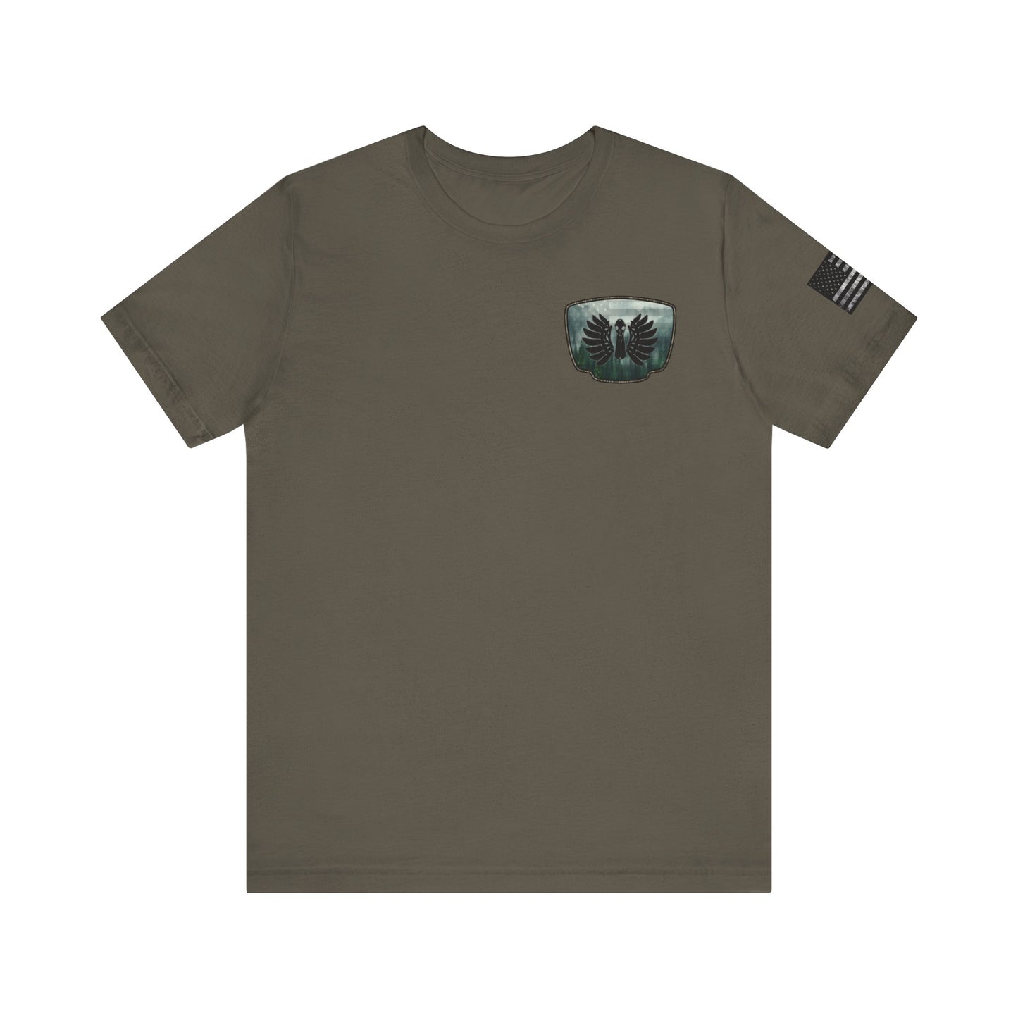 The Forest Duck Hunt Badge T-Shirt – Mossy Camo Print, Crossed Guns & Duck Skull Graphic