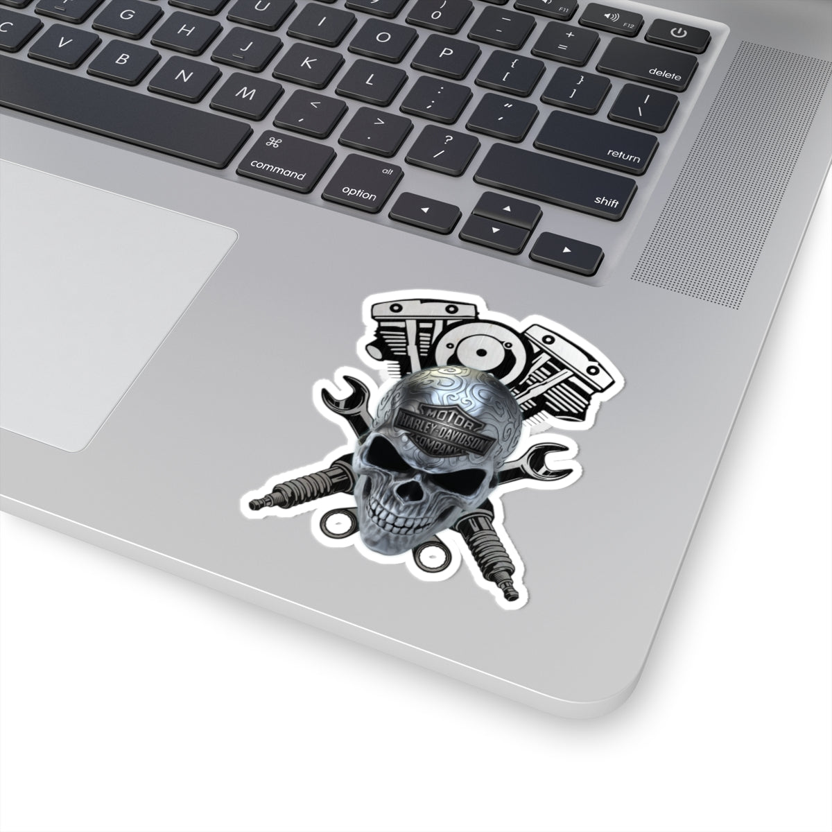 Chrome Skull HD Mechanic Sticker | Wrenches & Engine Harley Decal for Garage, Helmet & Toolboxes, ArtKiss-Cut Stickers
