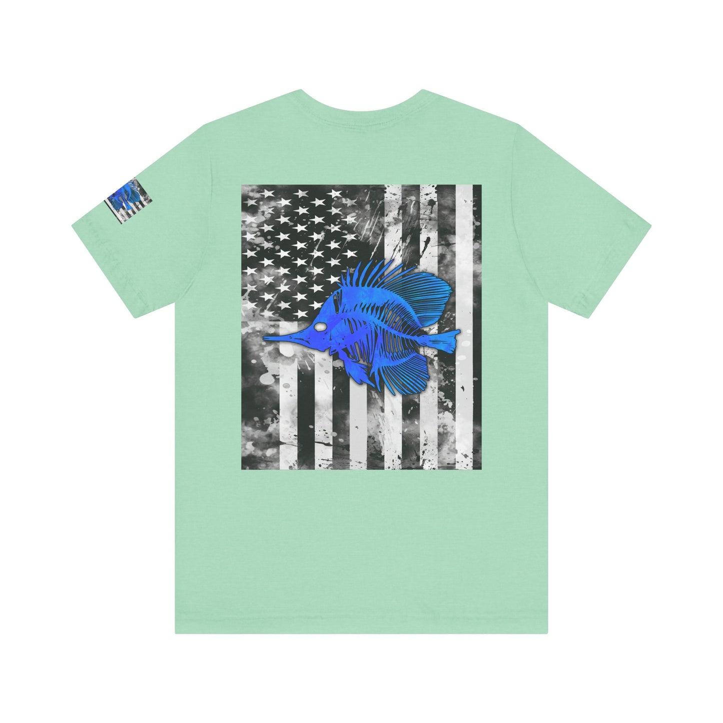 Blue Fish Skeleton Grunge American Flag Tee, Patriotic USA Shirt, Vintage American Flag
