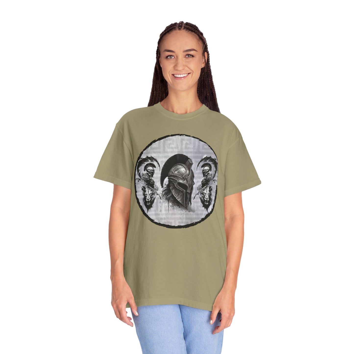 Spartan Warrior T-Shirt – Greek Helmet Circle Design Front & Spear Back | Warrior Graphic Tee