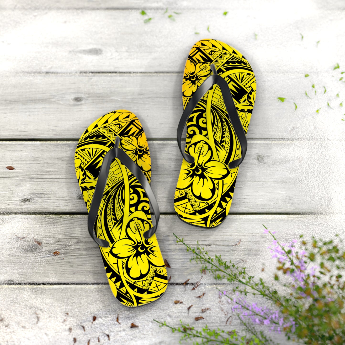 Polynesian Yellow Flip Flops, Summer Beach Sandals, Tropical Vacation Footwear, Gift for Her, Bohemian Style Footwear