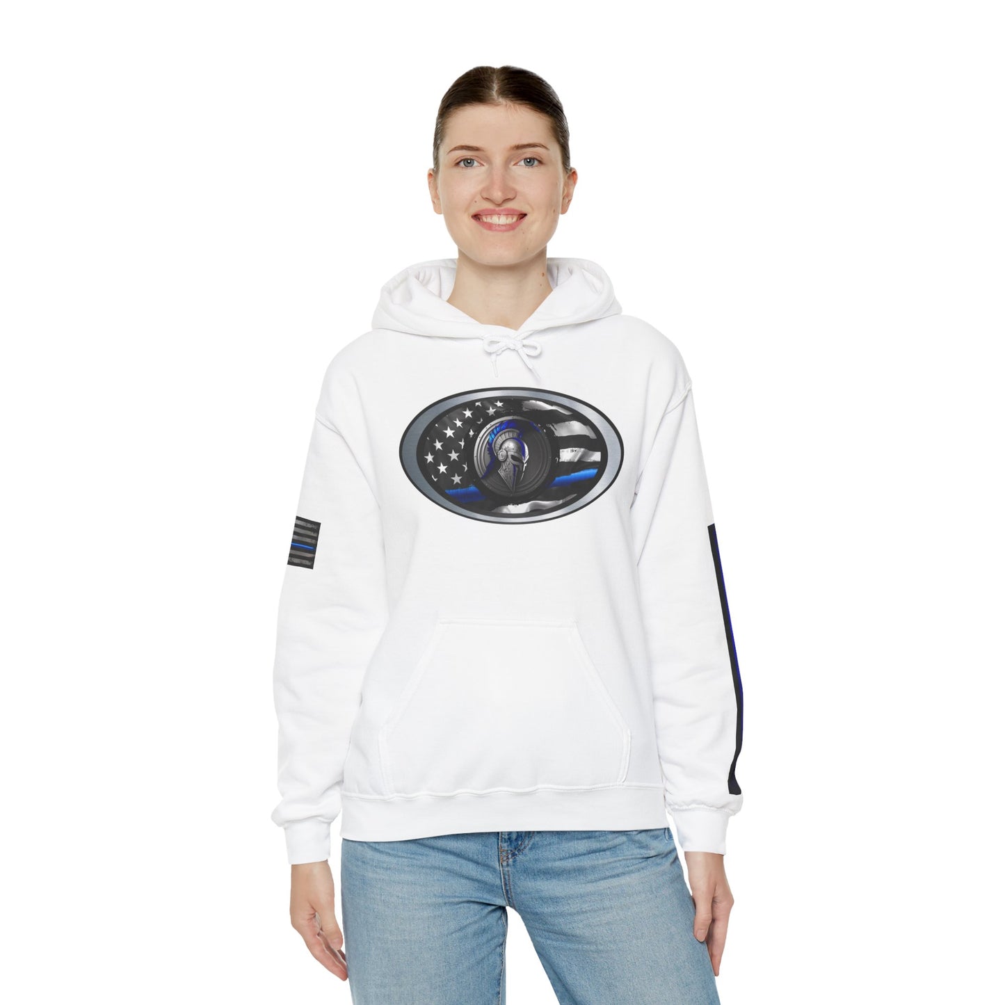Spartan Thin Blue Line Flag Hoodie – Warrior Helmet Patriotic Sweatshirt for Police Supporters