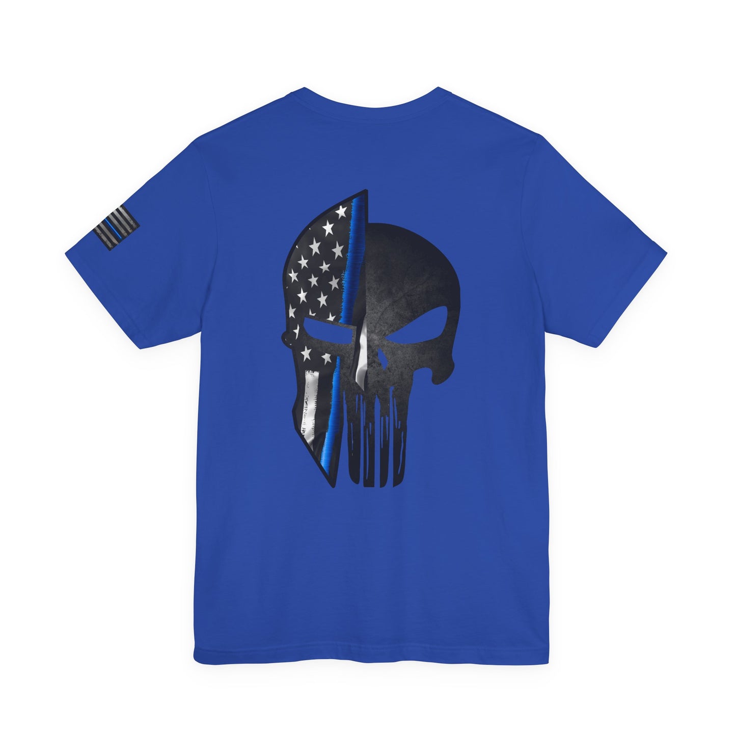 Grunge Spartan Helmet Thin Blue Line American Flag T-Shirt – Honor & Valor Police Tribute Tee