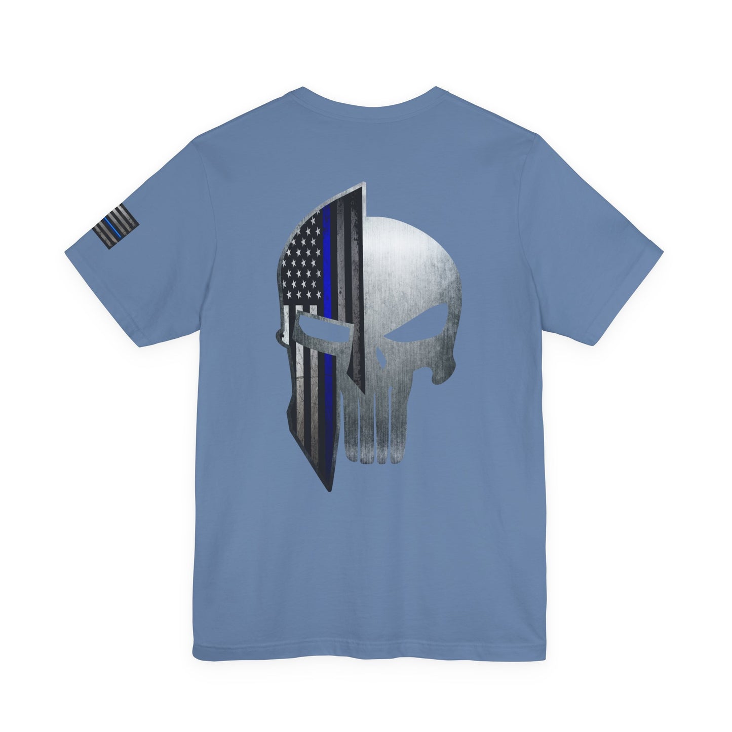 Grunge Metal Spartan Thin Blue Line American Flag T-Shirt – Honor & Valor Police Tribute Tee
