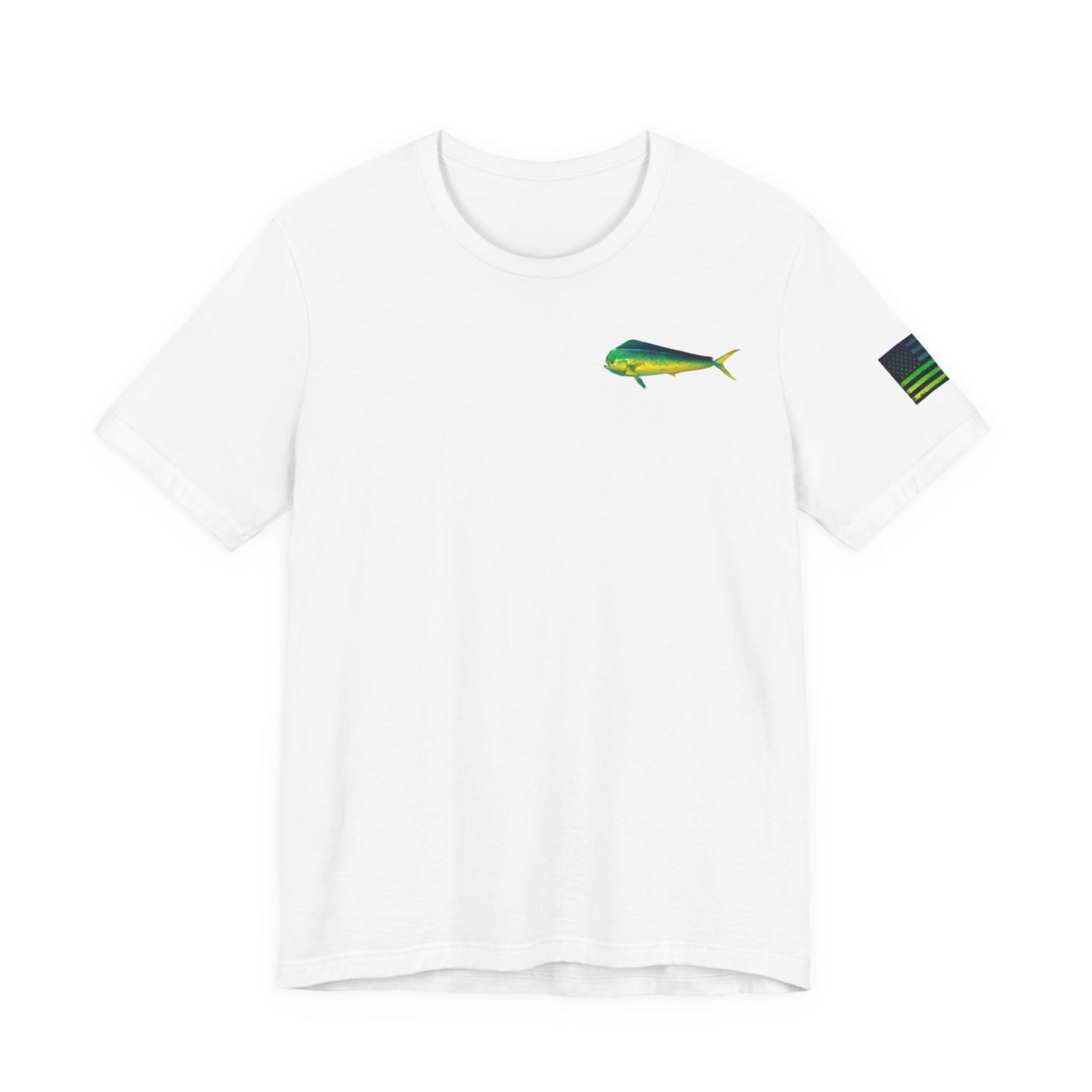 Mahi Mahi Sunglass Badge Tee – White Distressed Flag Fishing Shirt