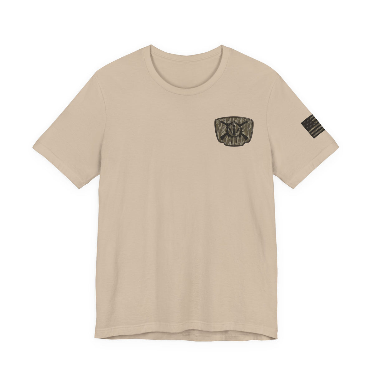 Duck Hunting Badge T-Shirt – Mossy Camo Print, Crossed Guns & Duck Skull Graphic