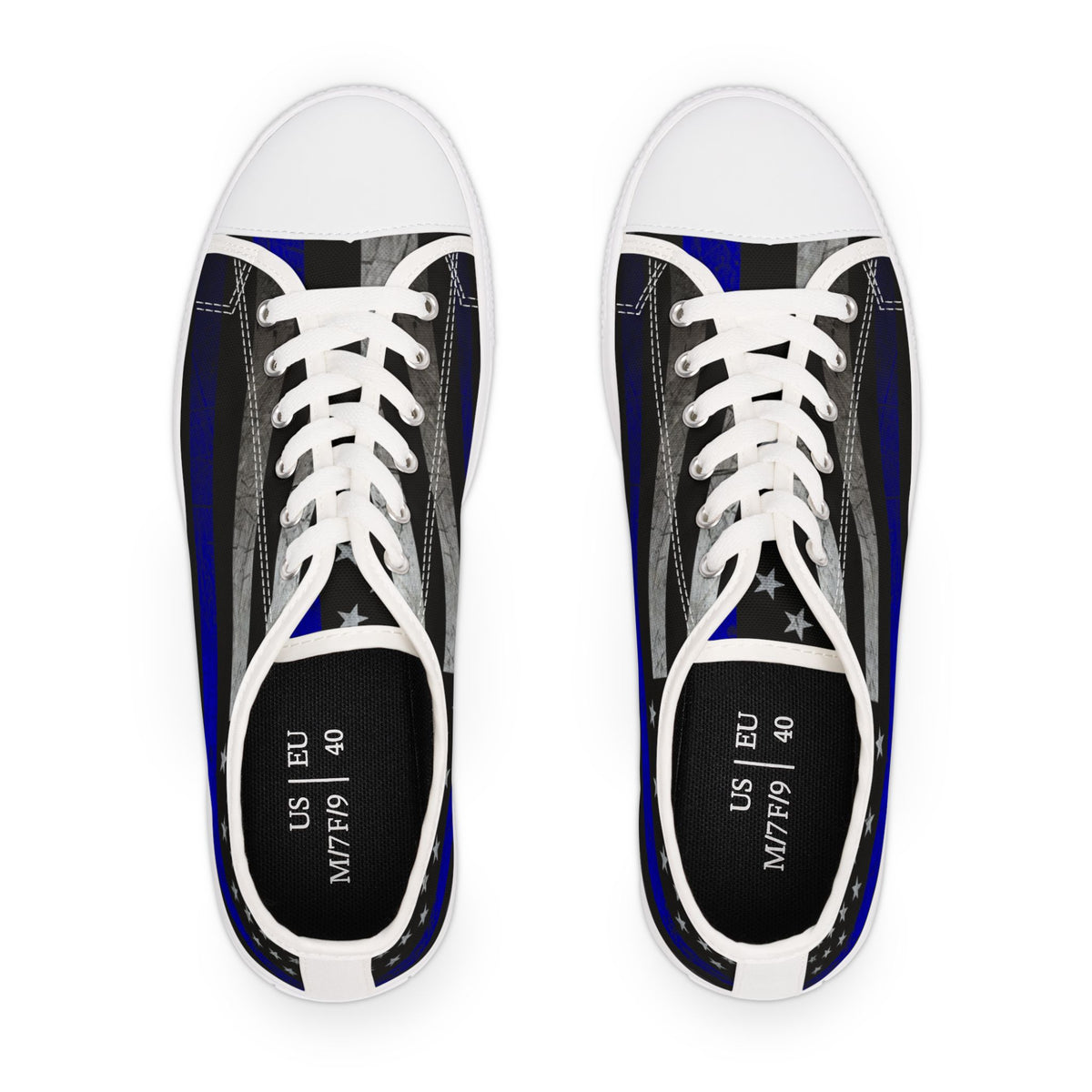 Thin Blue Line American Flag Sneakers – Black & Blue Low Top Canvas Shoes for Women, Police Support, Patriotic Streetwear