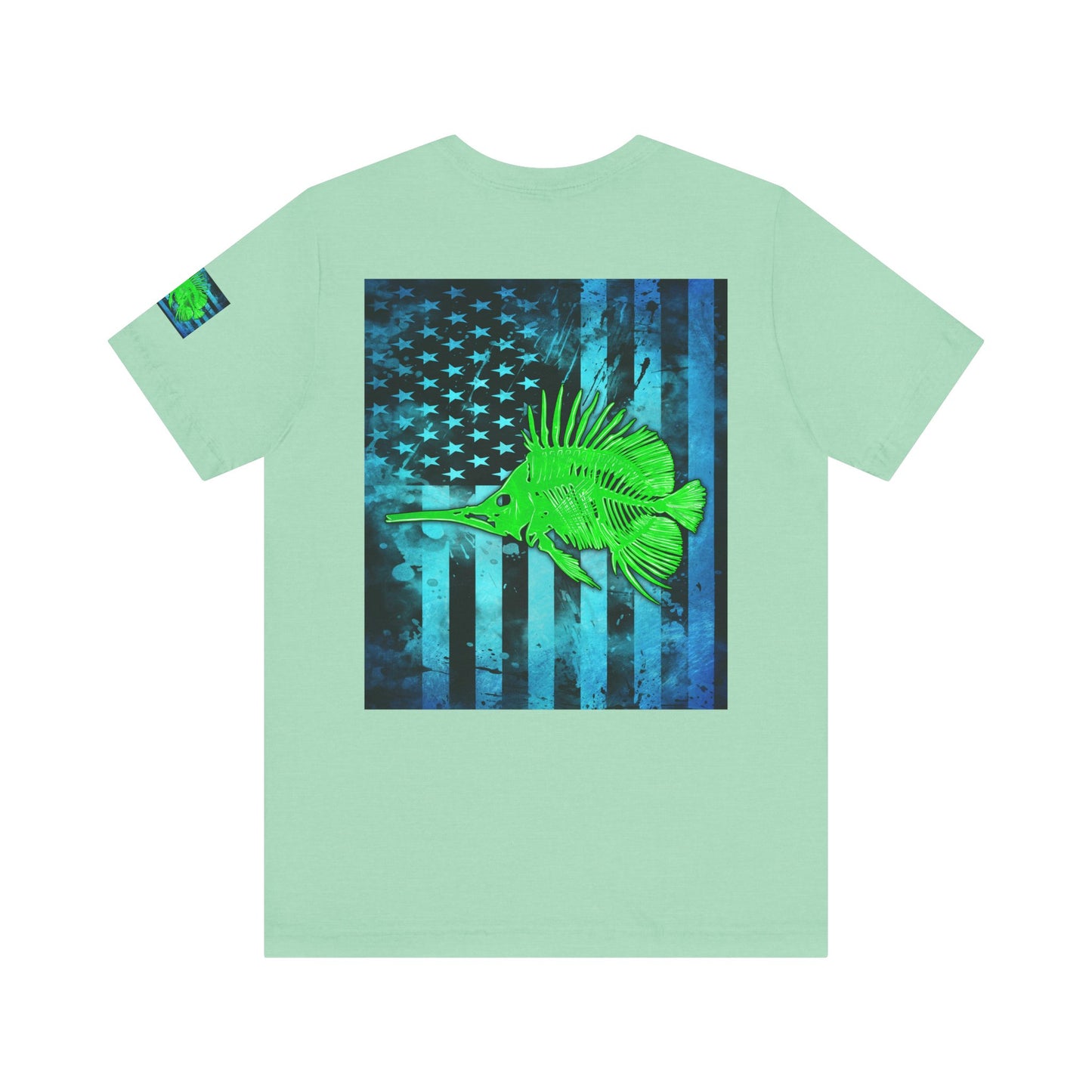 Green Fish Grunge American Flag Tee, Patriotic USA Shirt, Vintage American Flag