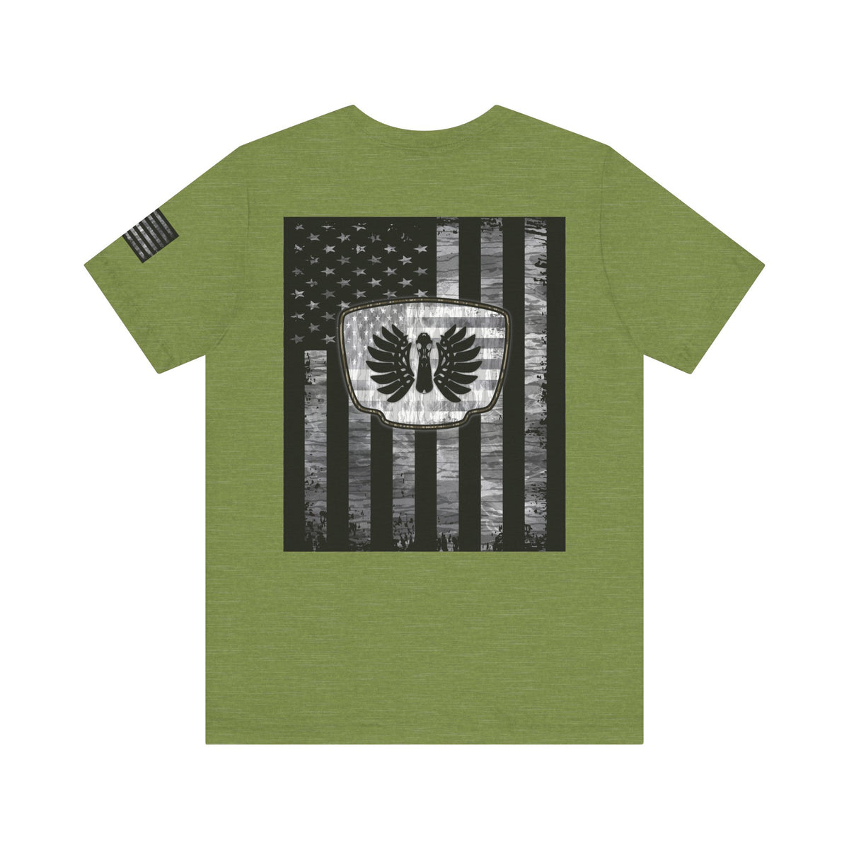 Duck Hunting American Flag Badge T-Shirt – Mossy Camo Print, Crossed Guns & Duck Skull Graphic