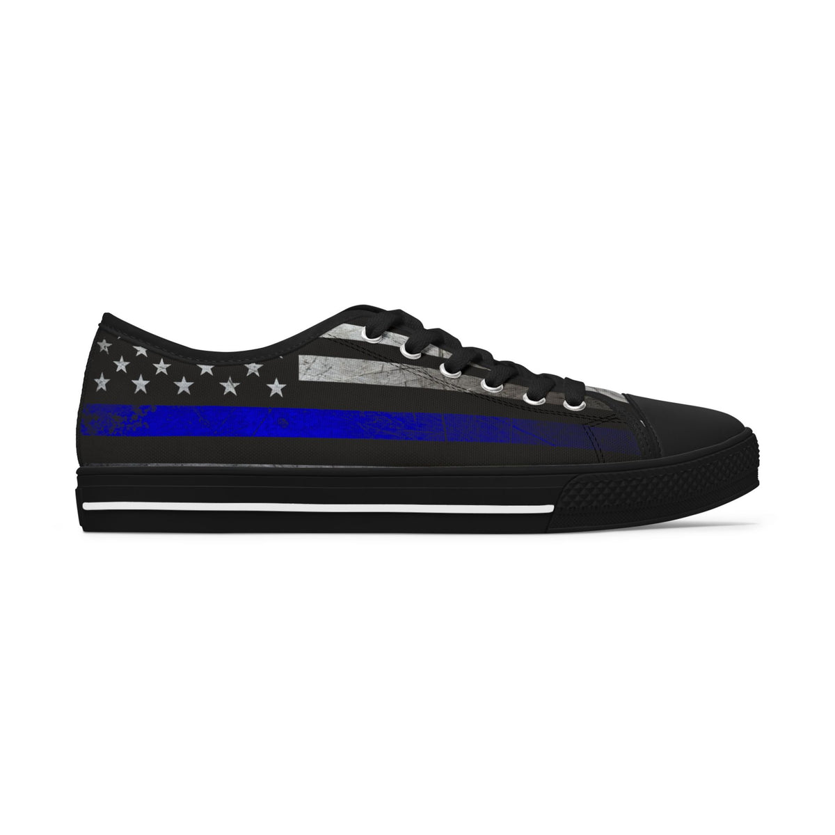 Thin Blue Line American Flag Sneakers – Black & Blue Low Top Canvas Shoes for Women, Police Support, Patriotic Streetwear