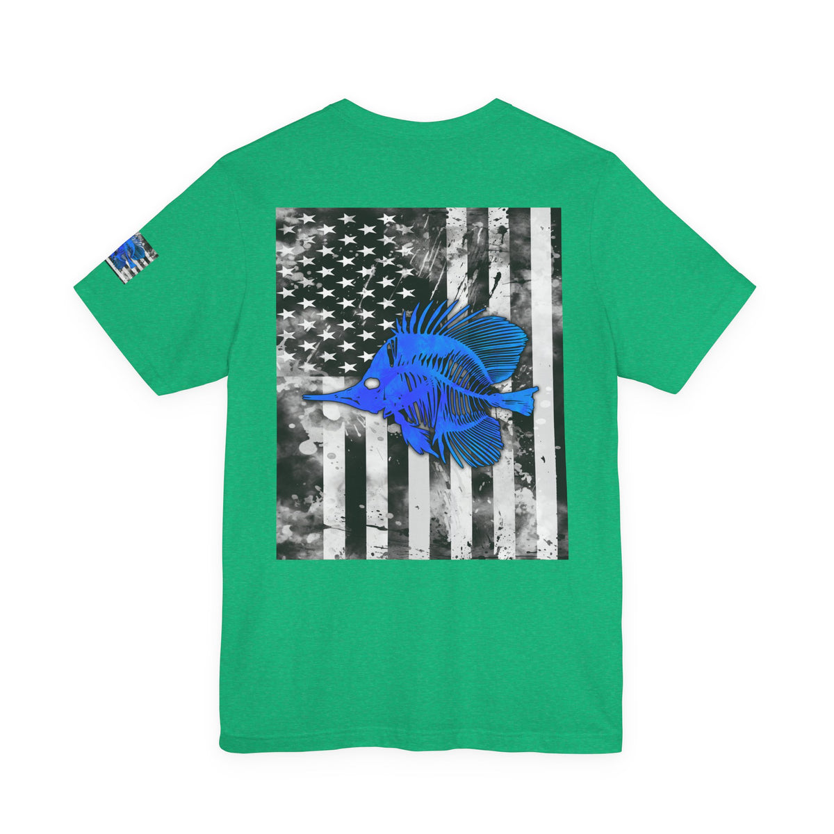 Blue Fish Skeleton Grunge American Flag Tee, Patriotic USA Shirt, Vintage American Flag