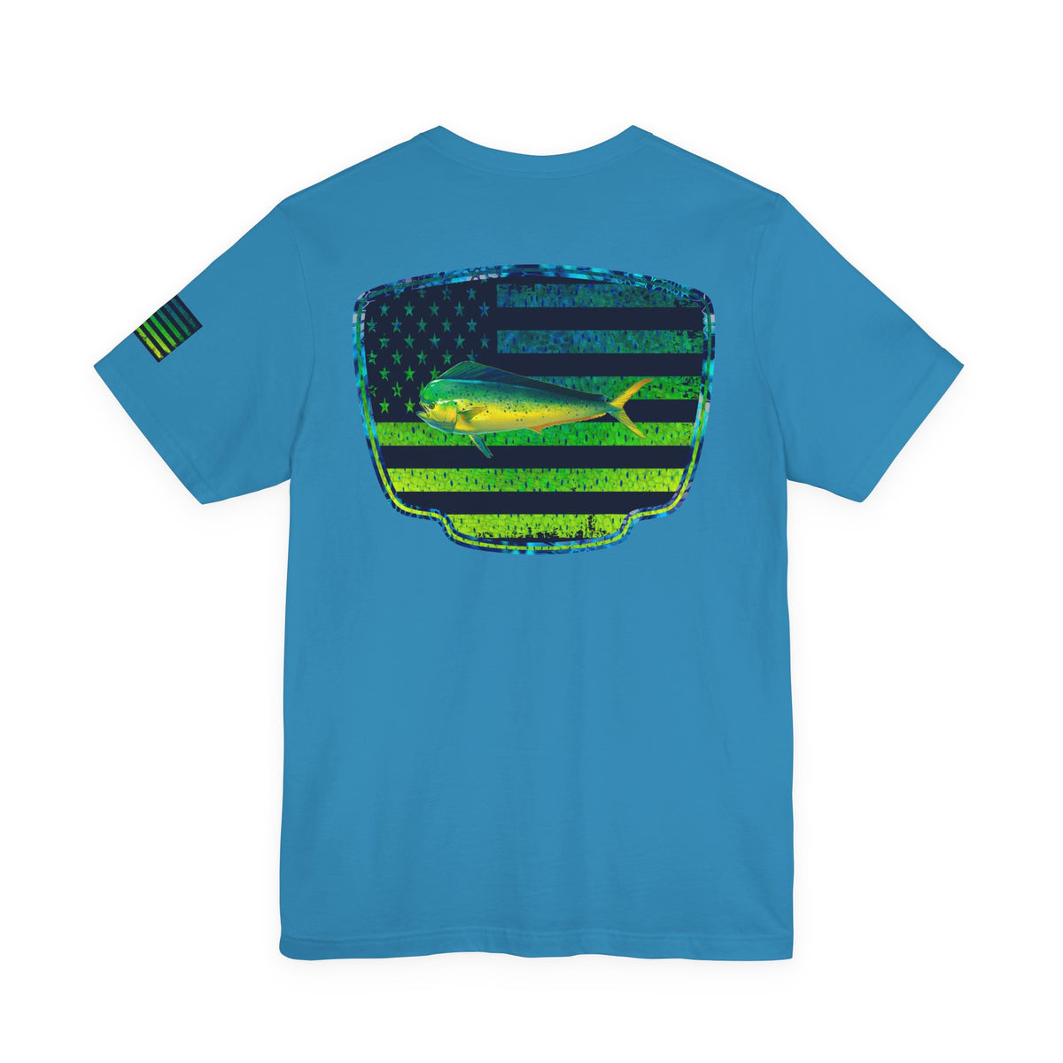 Patriotic Mahi Mahi Flag Tee – Grunge Fishing Badge Shirt for Outdoor Lovers