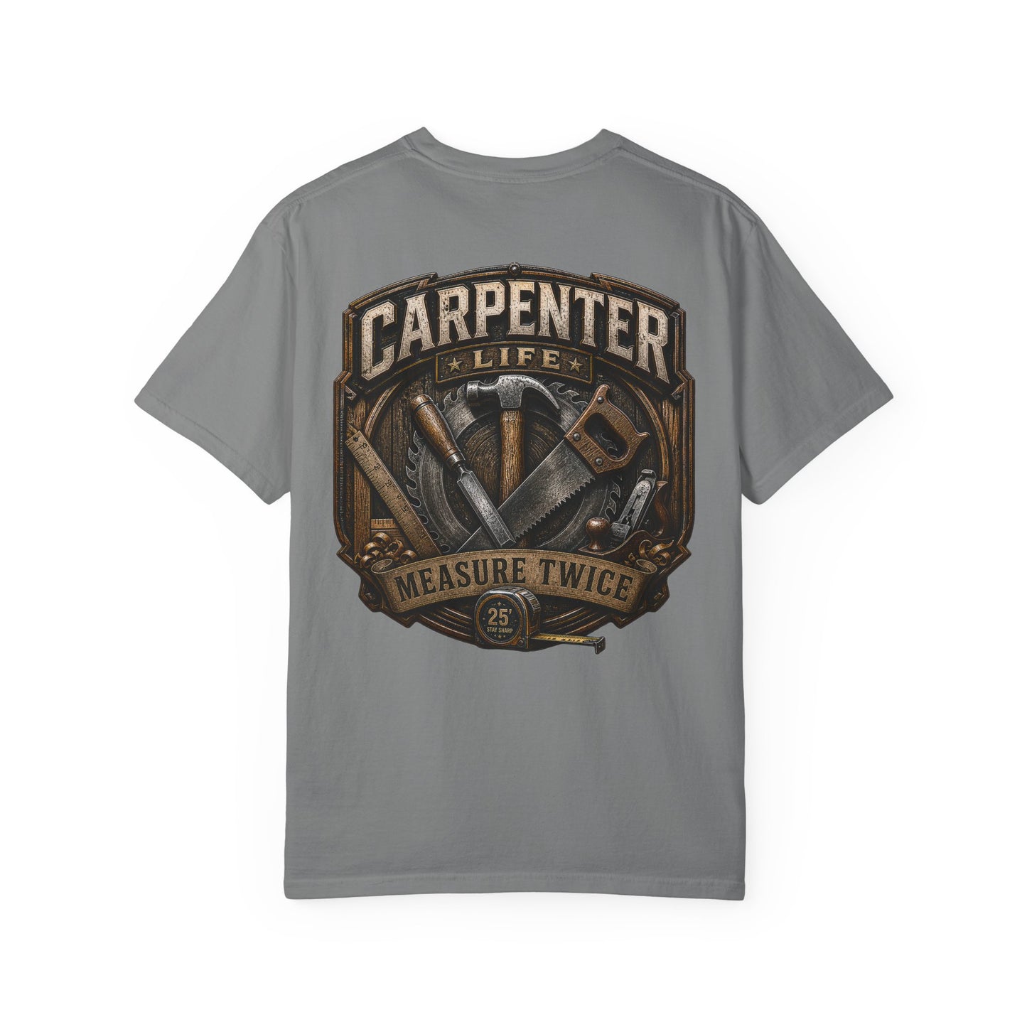 Carpenter Life T-Shirt – 'Measure Twice' Vintage Tool Emblem