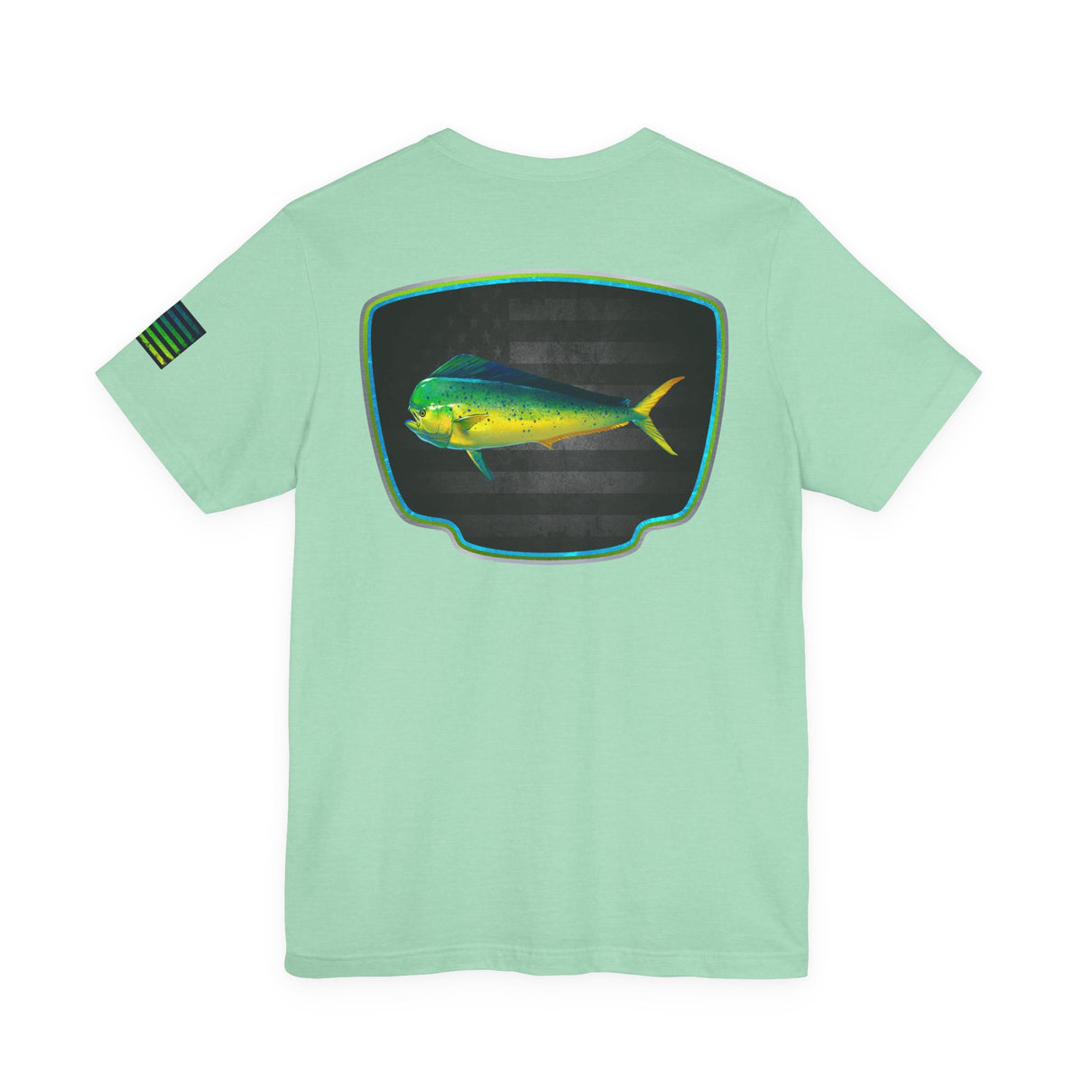 Mahi Mahi Badge Tee with Blackout Flag – Patriotic Saltwater Fishing Shirt