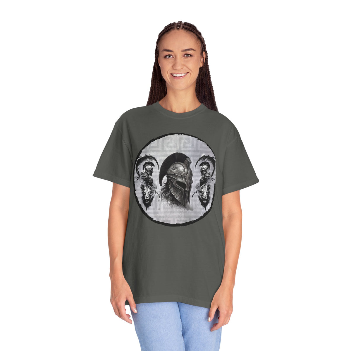 Spartan Warrior T-Shirt – Greek Helmet Circle Design Front & Spear Back | Warrior Graphic Tee