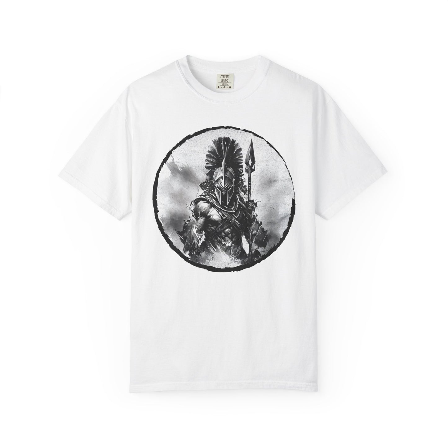 Spartan Warrior T-Shirt – Greek Helmet Circle Design Front & Spear Back | Warrior Graphic Tee