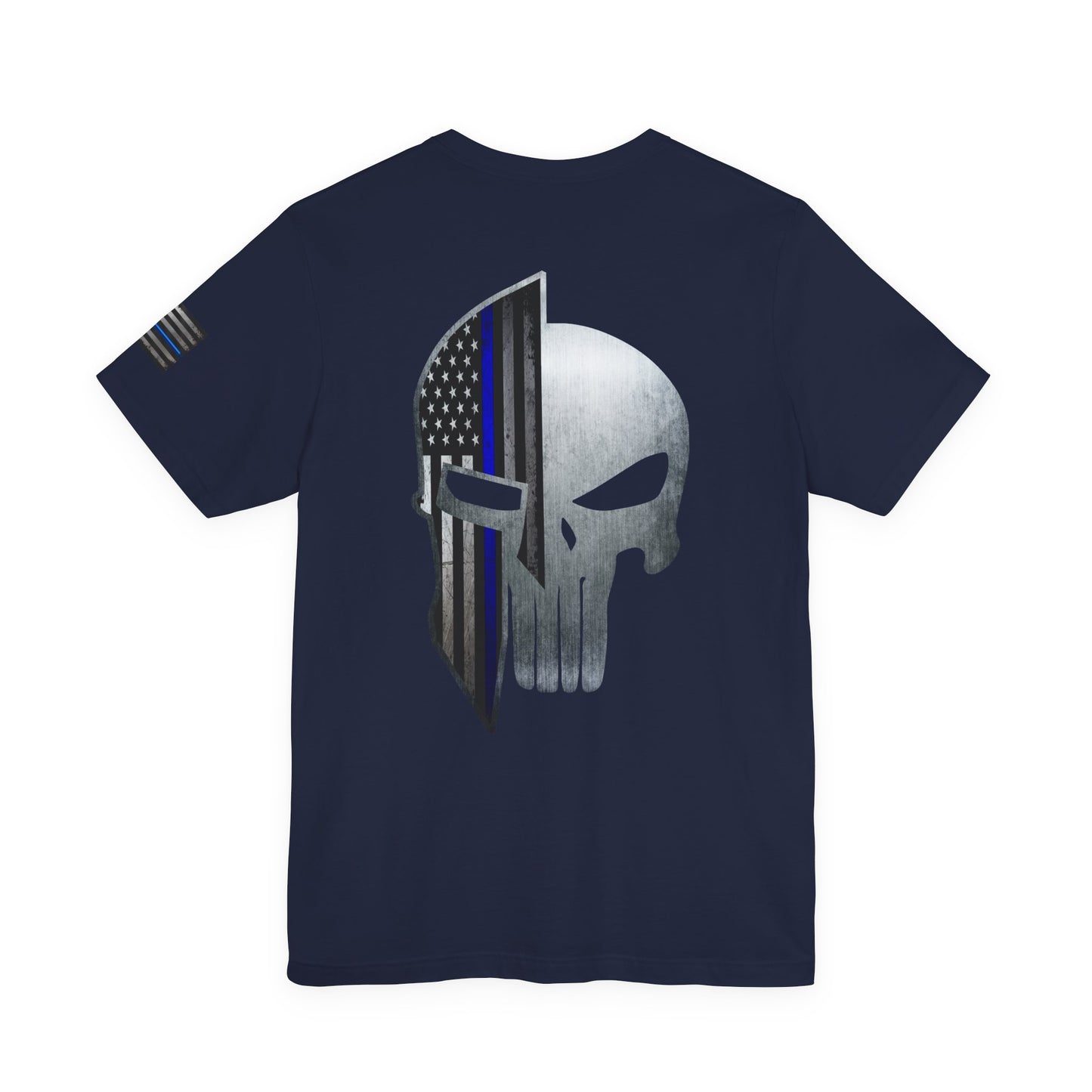 Grunge Metal Spartan Thin Blue Line American Flag T-Shirt – Honor & Valor Police Tribute Tee