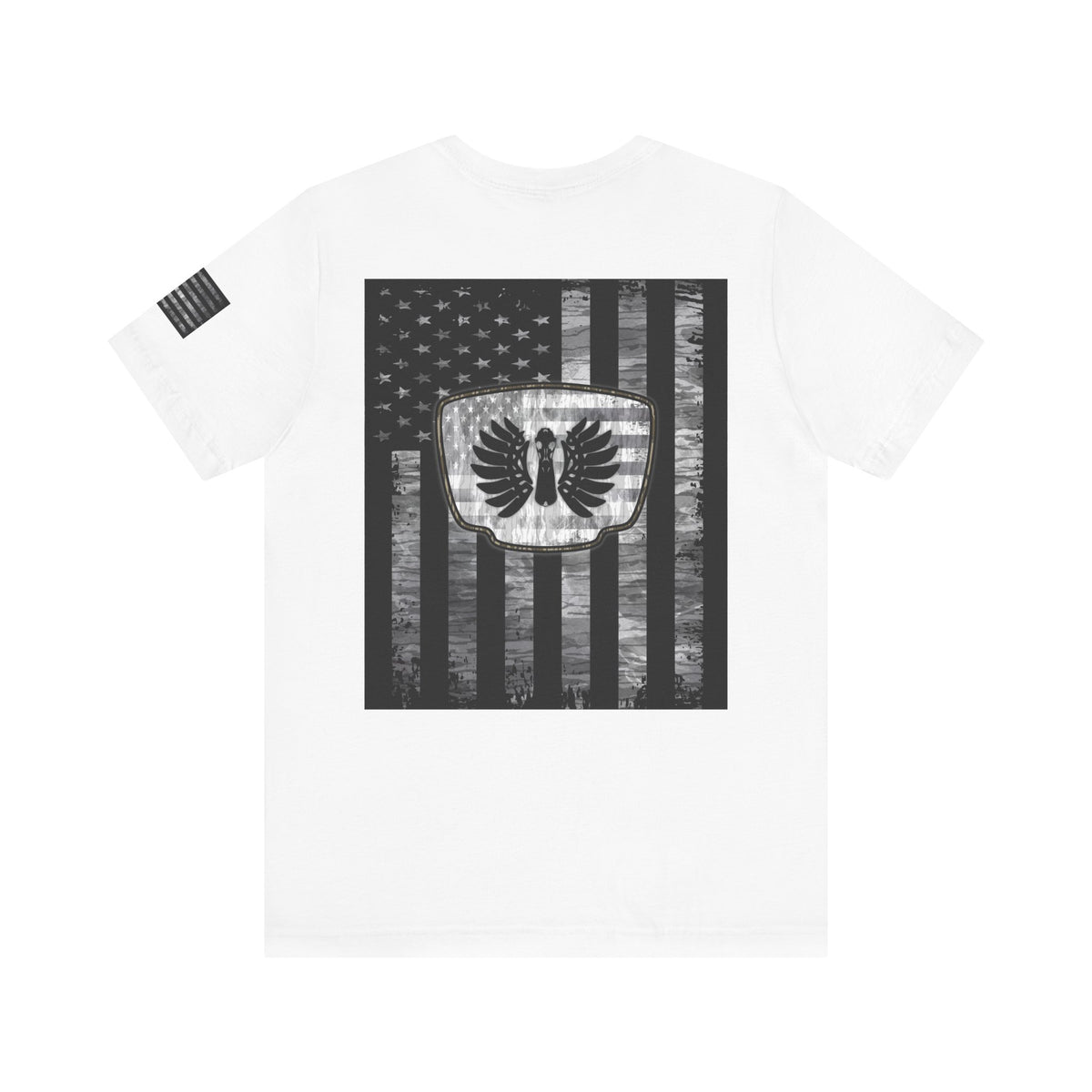 Duck Hunting American Flag Badge T-Shirt – Mossy Camo Print, Crossed Guns & Duck Skull Graphic