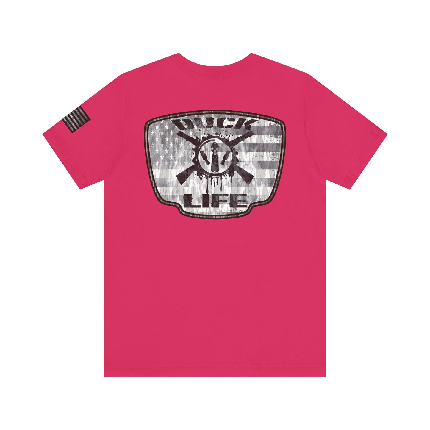 White American Flag Duck Hunting Badge T-Shirt – Mossy Camo Print, Crossed Guns & Duck Skull Graphic