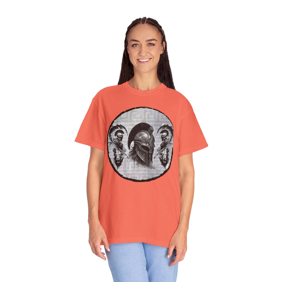 Spartan Warrior T-Shirt – Greek Helmet Circle Design Front & Spear Back | Warrior Graphic Tee