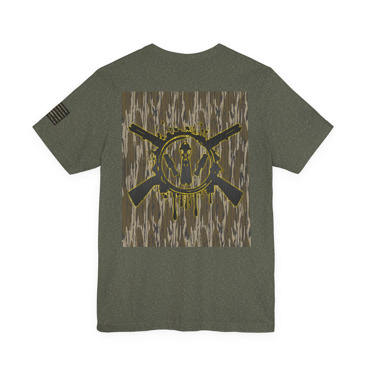 Duck Hunting Badge T-Shirt – Mossy Camo Print, Crossed Guns & Duck Skull Graphic
