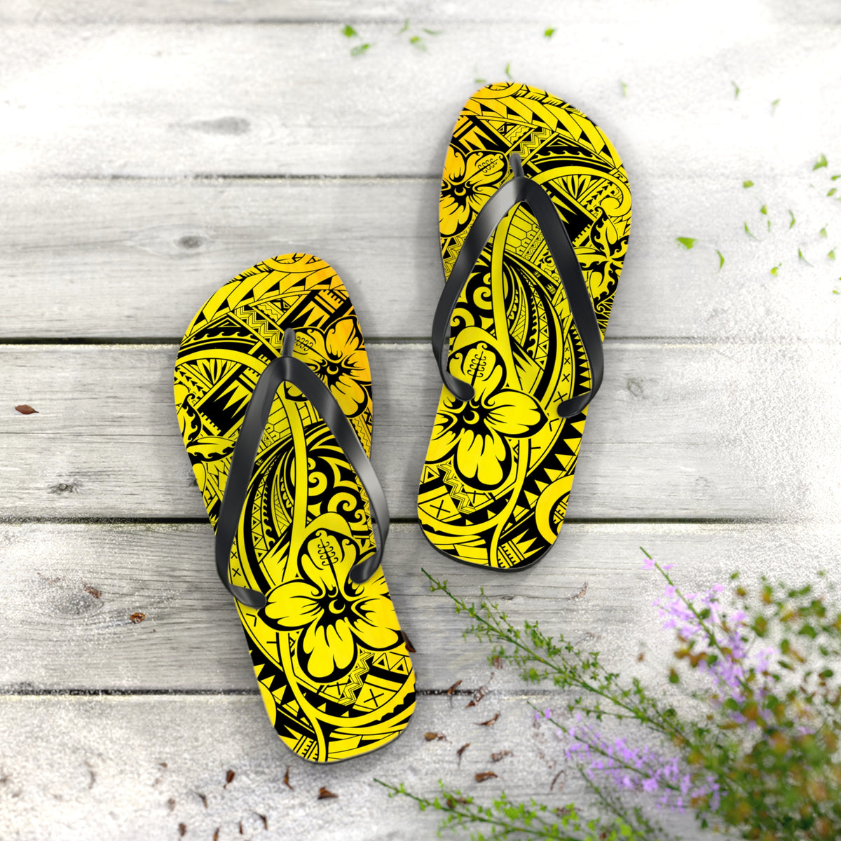 Polynesian Yellow Flip Flops, Summer Beach Sandals, Tropical Vacation Footwear, Gift for Her, Bohemian Style Footwear