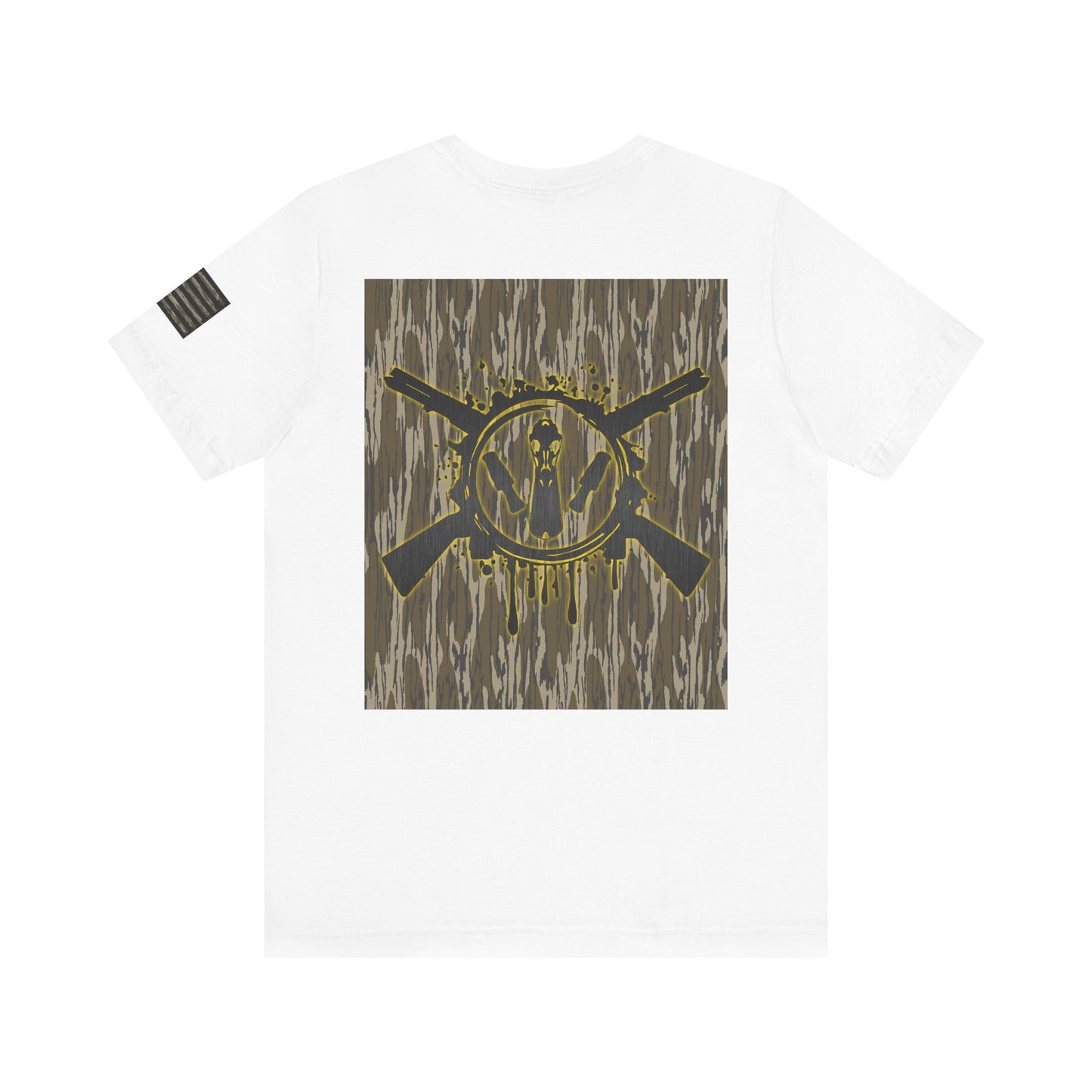 Duck Hunting Badge T-Shirt – Mossy Camo Print, Crossed Guns & Duck Skull Graphic