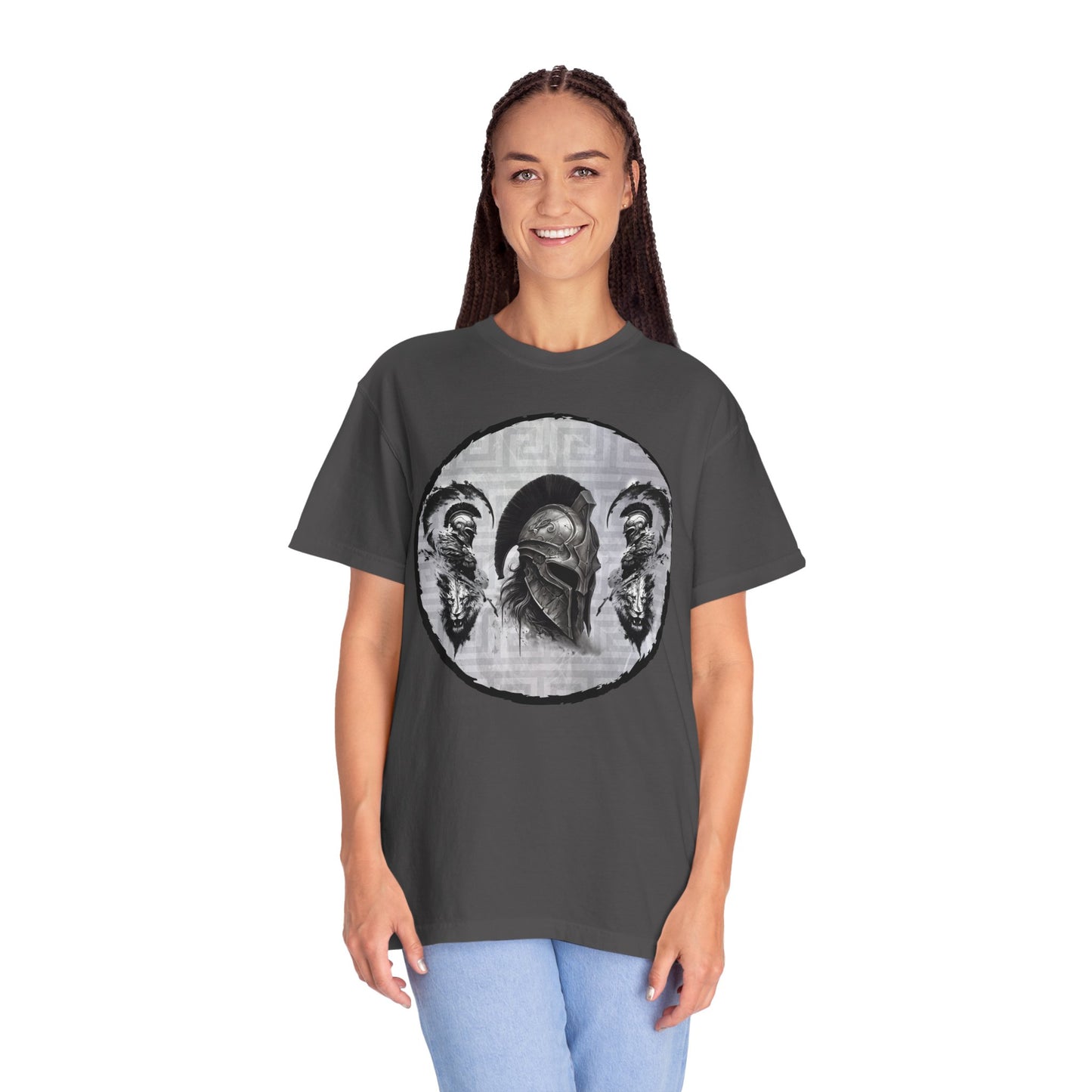 Spartan Warrior T-Shirt – Greek Helmet Circle Design Front & Spear Back | Warrior Graphic Tee