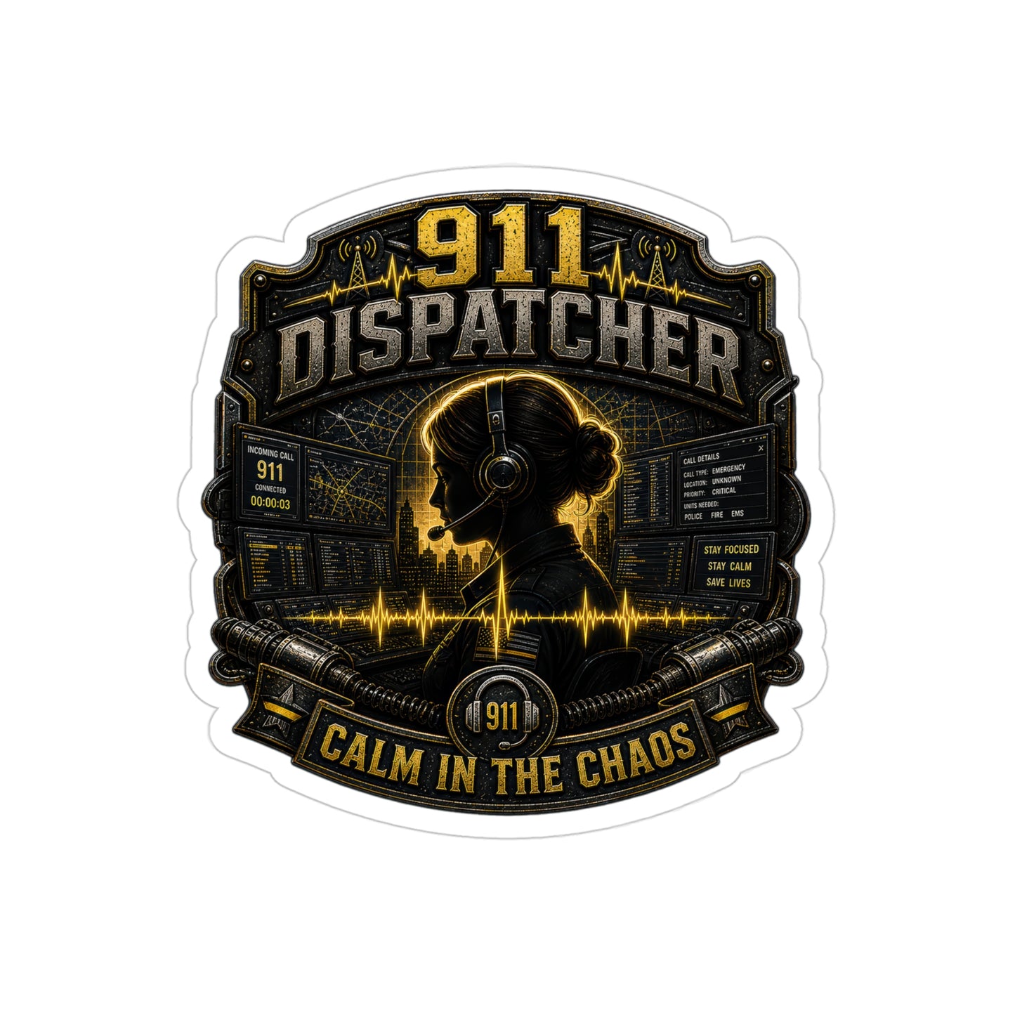 911 Dispatcher Calm In The Chaos Sticker | Emergency Dispatch Operator Decal | Thin Yellow Line Art (Outdoor Transparent)