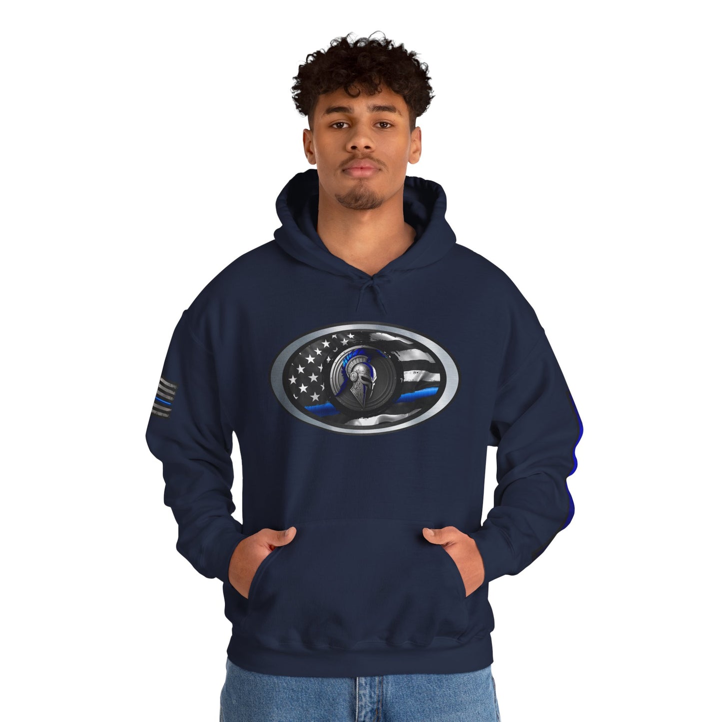 Spartan Thin Blue Line Flag Hoodie – Warrior Helmet Patriotic Sweatshirt for Police Supporters