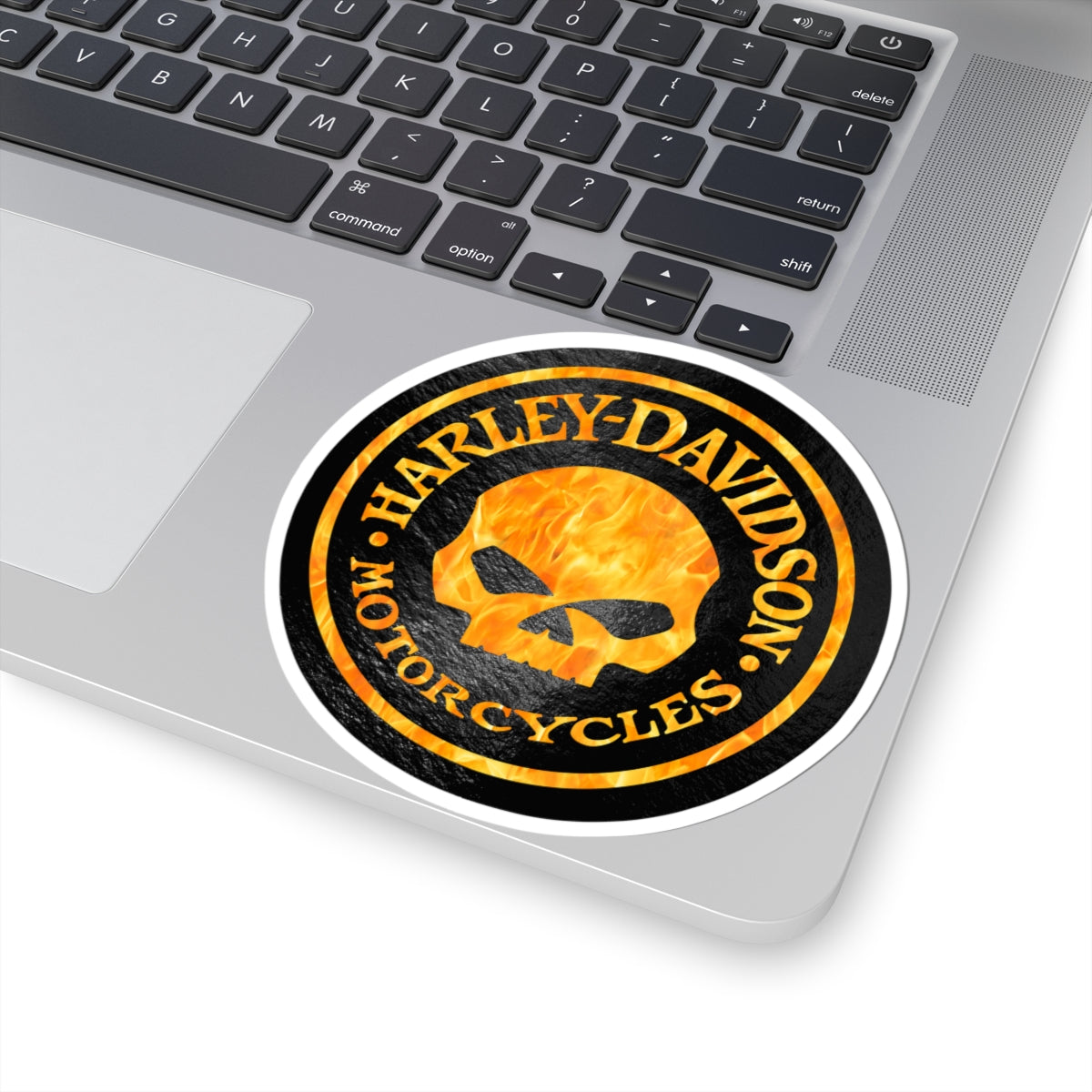 Harley Skull Biker Emblem | Bold Orange Motorcycle Graphic for Decals, Shirts, or Garage Art, ArtKiss-Cut Stickers