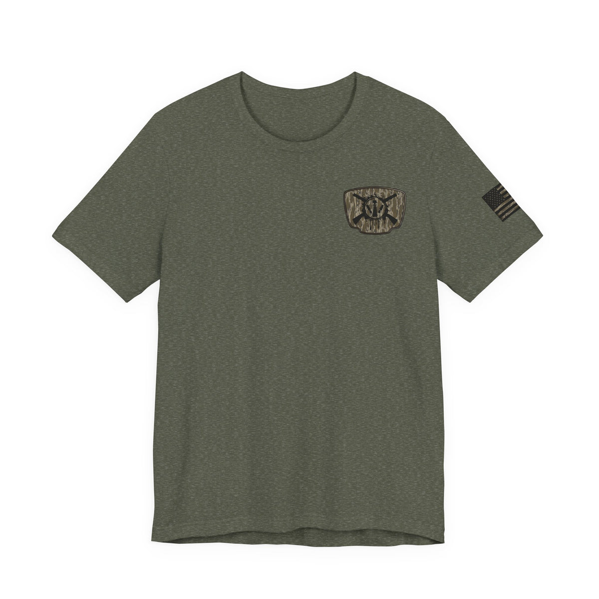 Duck Hunting Badge T-Shirt – Mossy Camo Print, Crossed Guns & Duck Skull Graphic