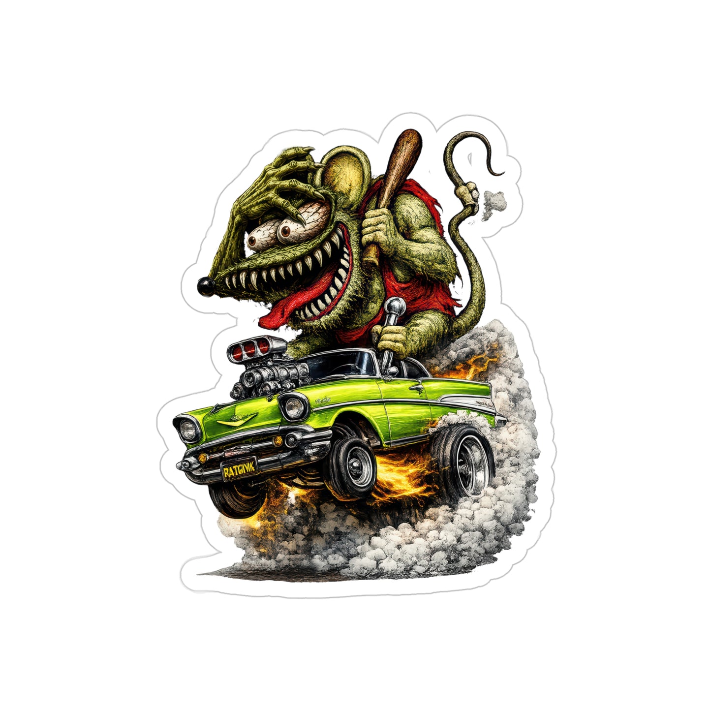 Crazy Rat Gasser Sticker | 1957 Green Chevy Bel Air Hot Rod Muscle Car Decal | Vintage Drag Racing Monster Art | Transparent Vinyl Sticker
